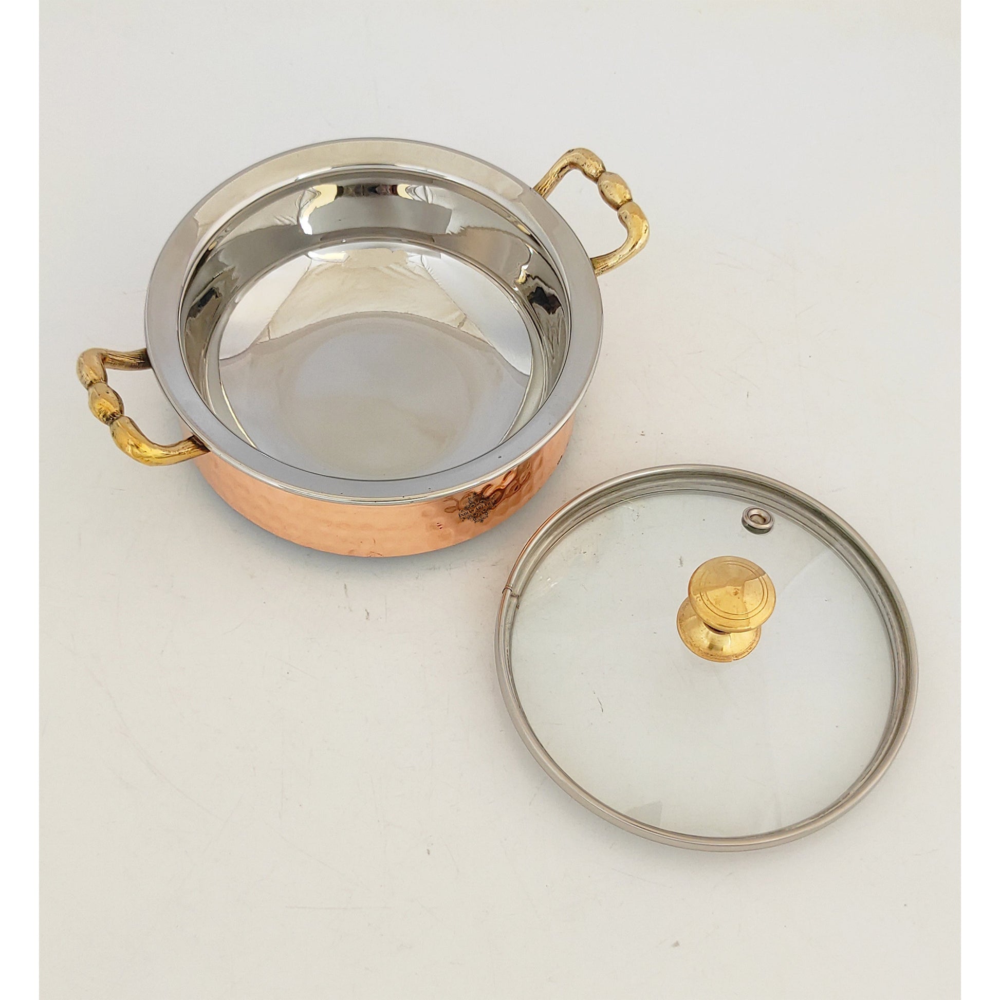 Steel Copper Handi/Casserole Bowl With Induction Bottom & Brass Knob and Handle, Cookware, Serveware, Tableware, Dinnerware