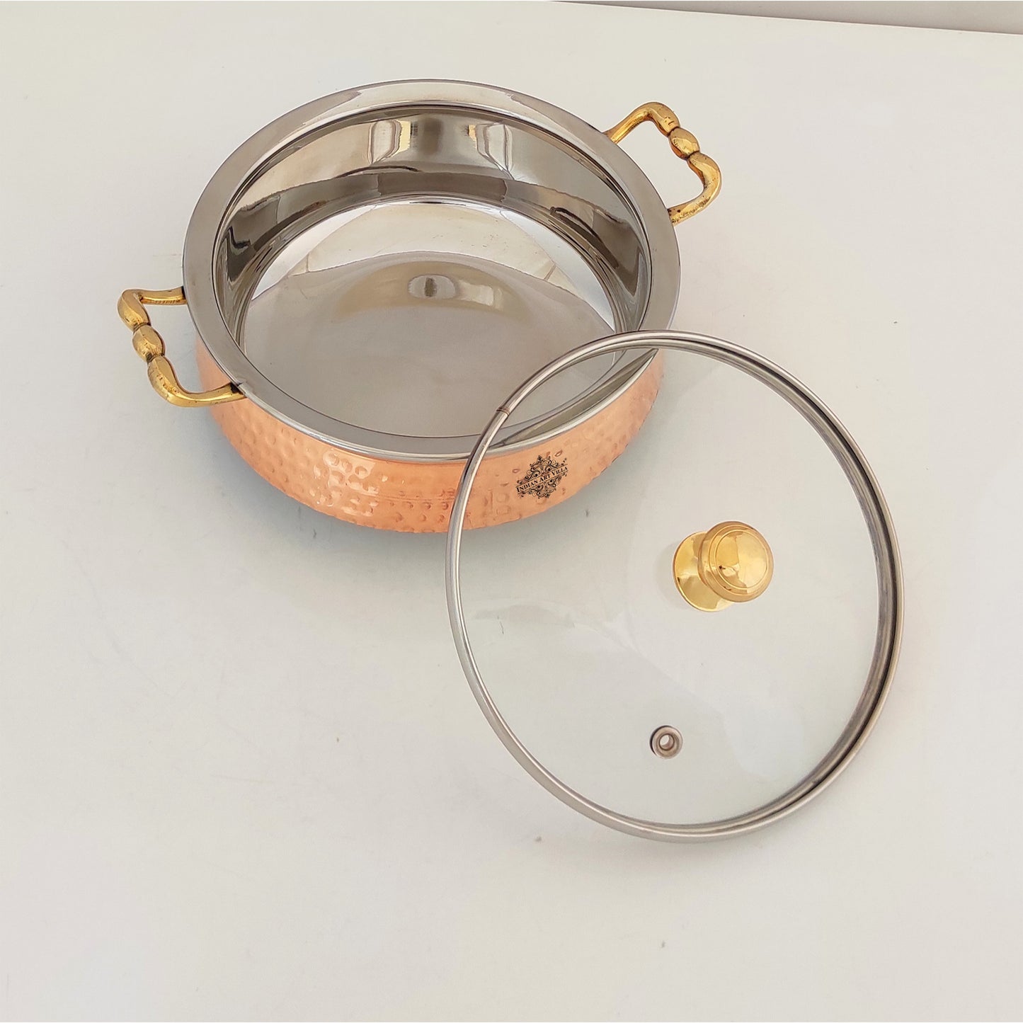 Steel Copper Handi/Casserole Bowl With Induction Bottom & Brass Knob and Handle, Cookware, Serveware, Tableware, Dinnerware