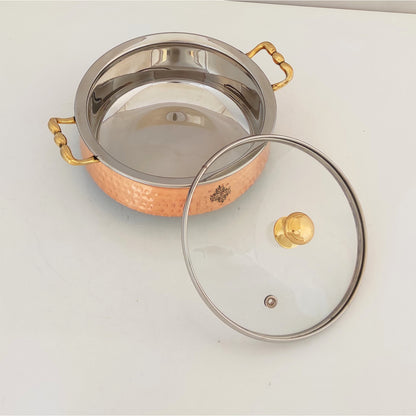 Steel Copper Handi/Casserole Bowl With Induction Bottom & Brass Knob and Handle, Cookware, Serveware, Tableware, Dinnerware