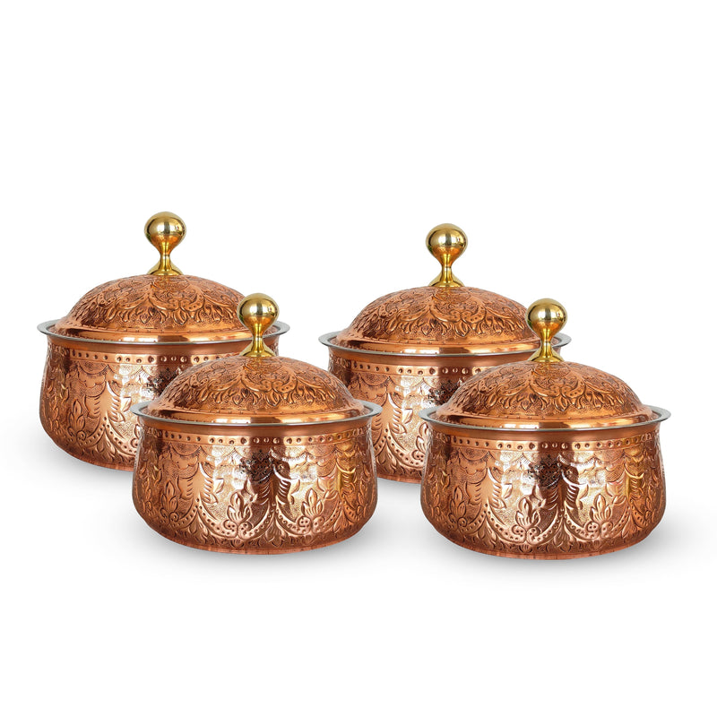 Steel Copper Casserole/Hot Pot With Deep Embossed Design & Brass Knob, Serveware, Tableware & Dinnerware For Home, Hotel & Restaurants