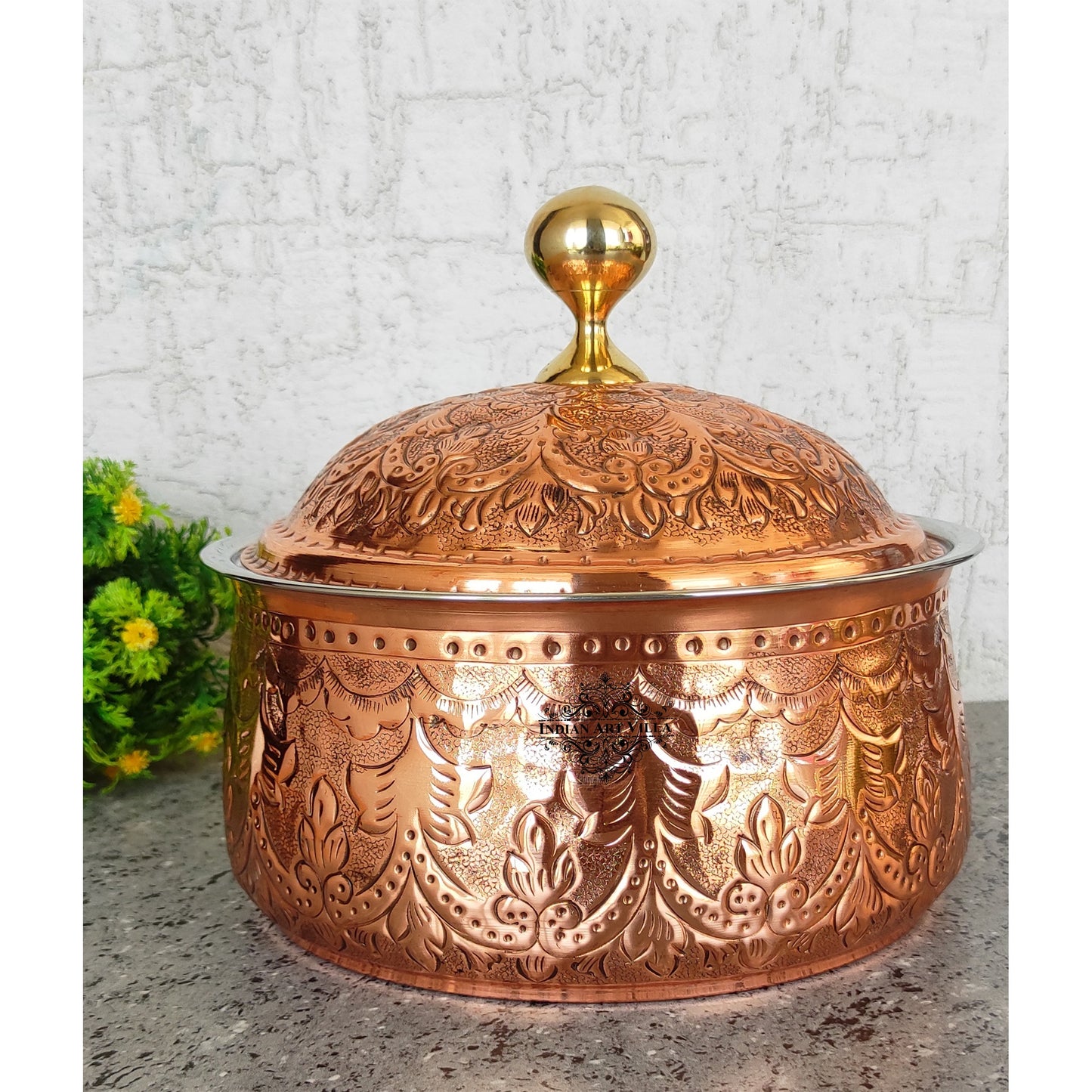 Steel Copper Casserole/Hot Pot With Deep Embossed Design & Brass Knob, Serveware, Tableware & Dinnerware For Home, Hotel & Restaurants