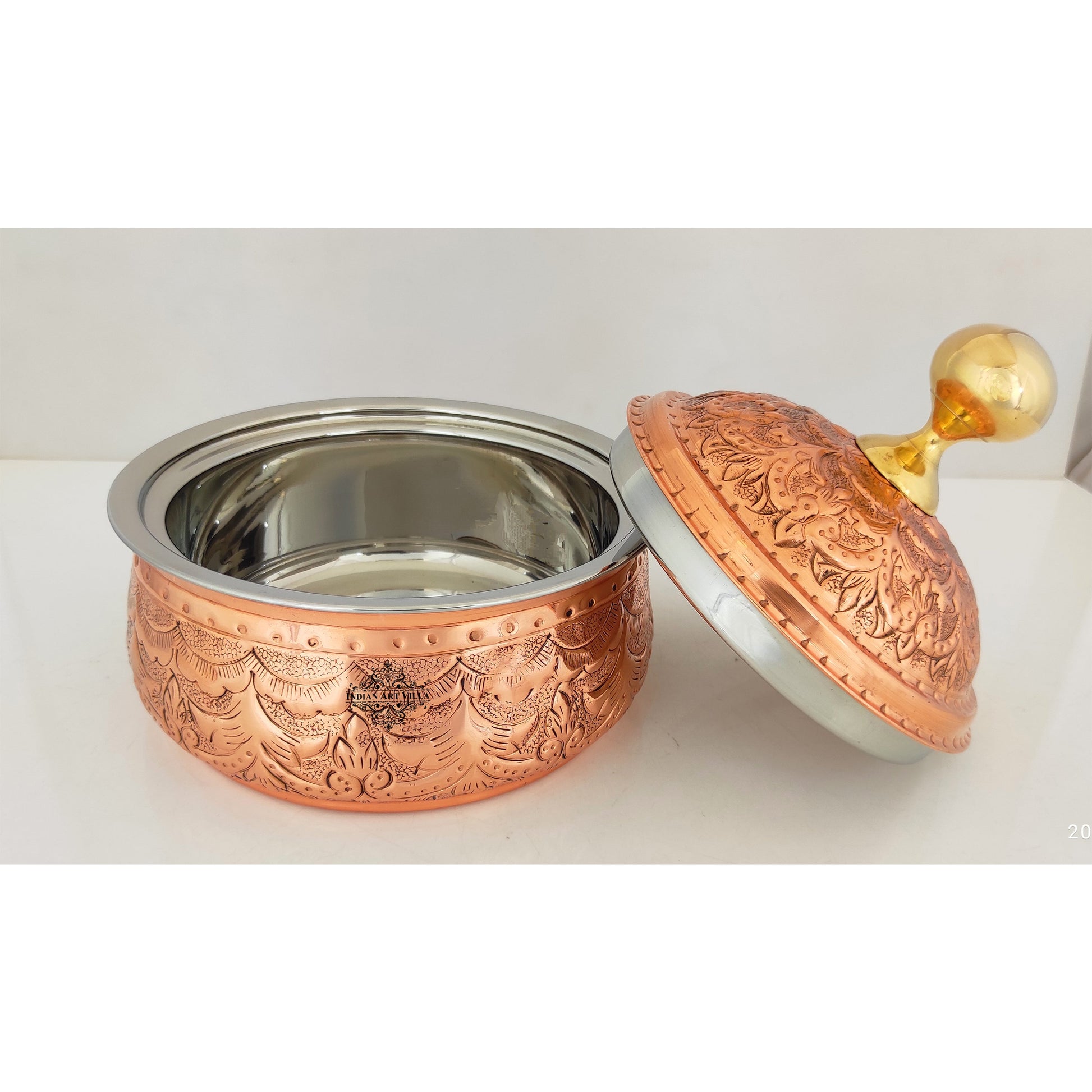 Steel Copper Casserole/Hot Pot With Deep Embossed Design & Brass Knob, Serveware, Tableware & Dinnerware For Home, Hotel & Restaurants