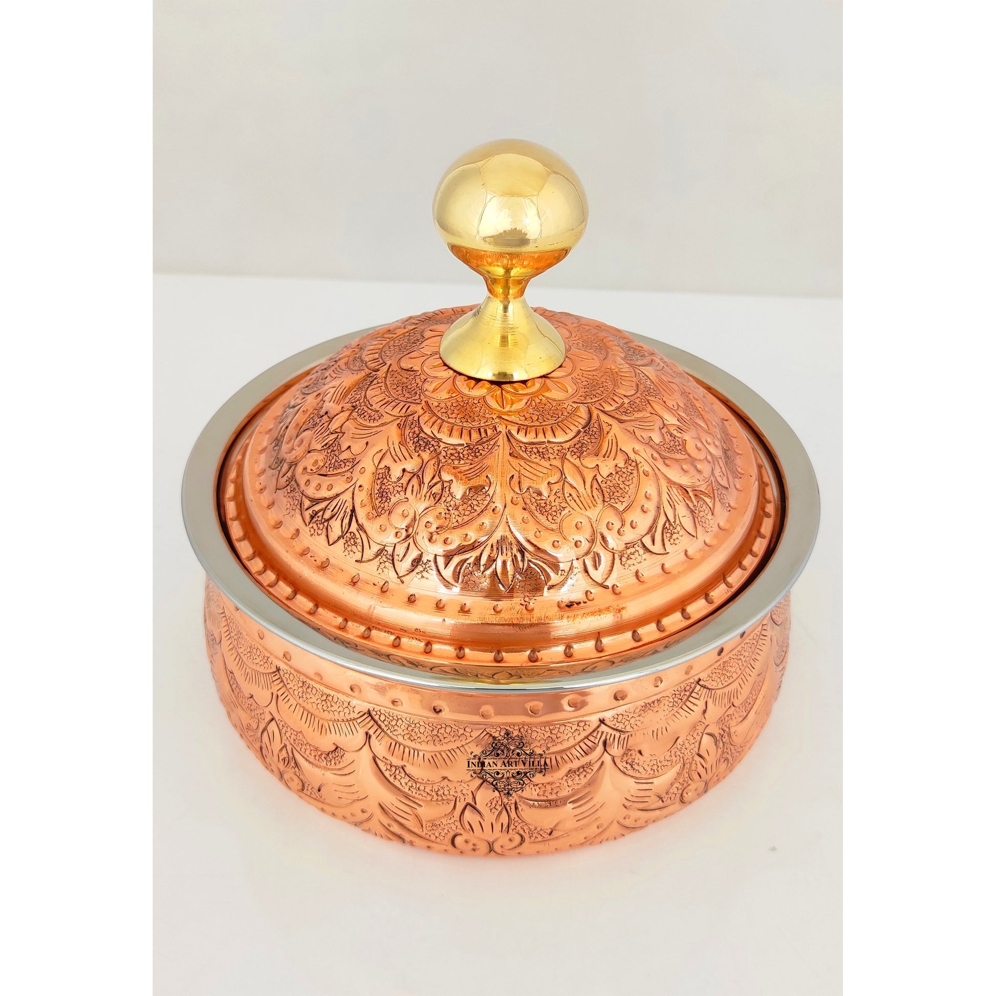 Steel Copper Casserole/Hot Pot With Deep Embossed Design & Brass Knob, Serveware, Tableware & Dinnerware For Home, Hotel & Restaurants