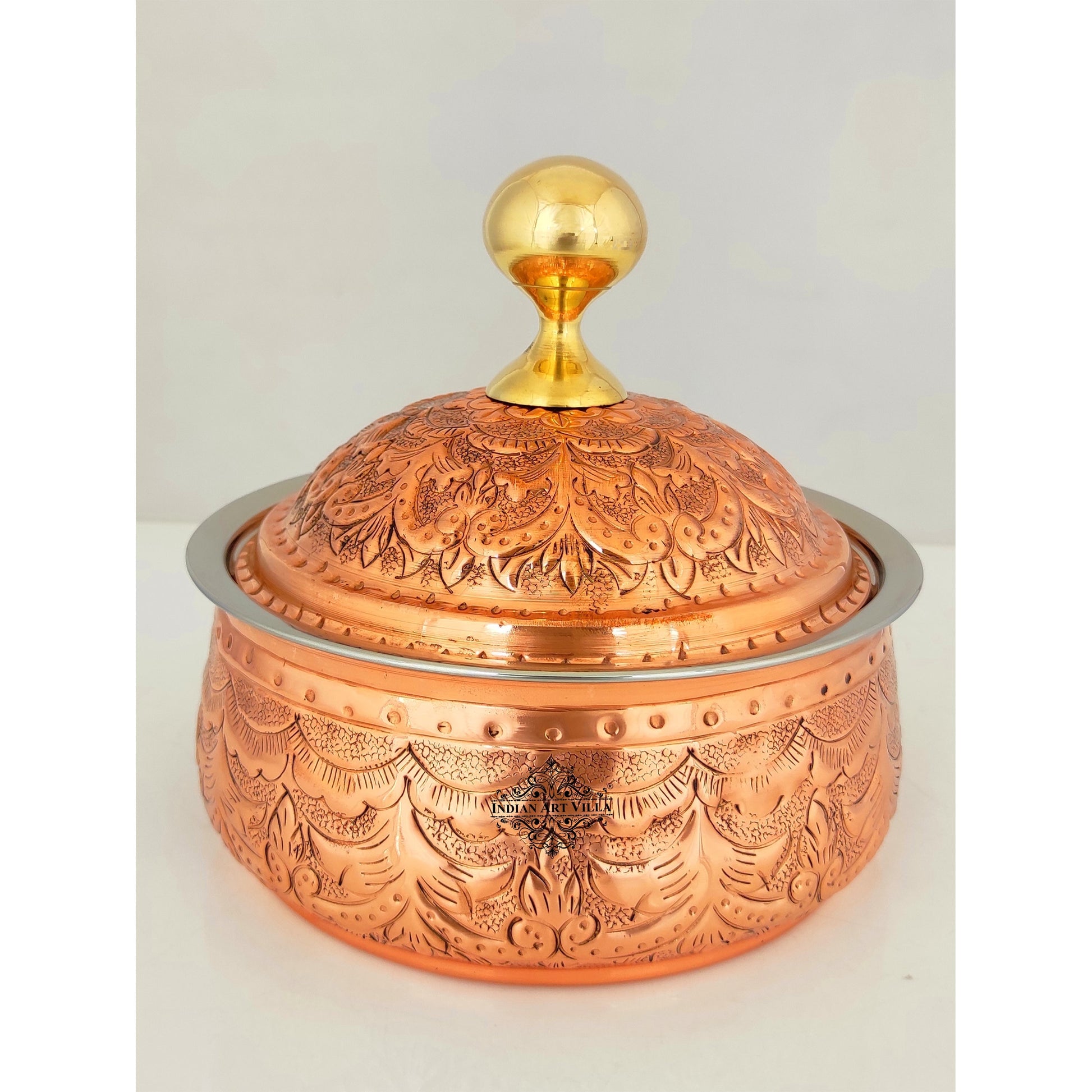 Steel Copper Casserole/Hot Pot With Deep Embossed Design & Brass Knob, Serveware, Tableware & Dinnerware For Home, Hotel & Restaurants