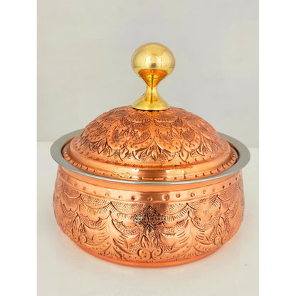 Steel Copper Casserole/Hot Pot With Deep Embossed Design & Brass Knob, Serveware, Tableware & Dinnerware For Home, Hotel & Restaurants