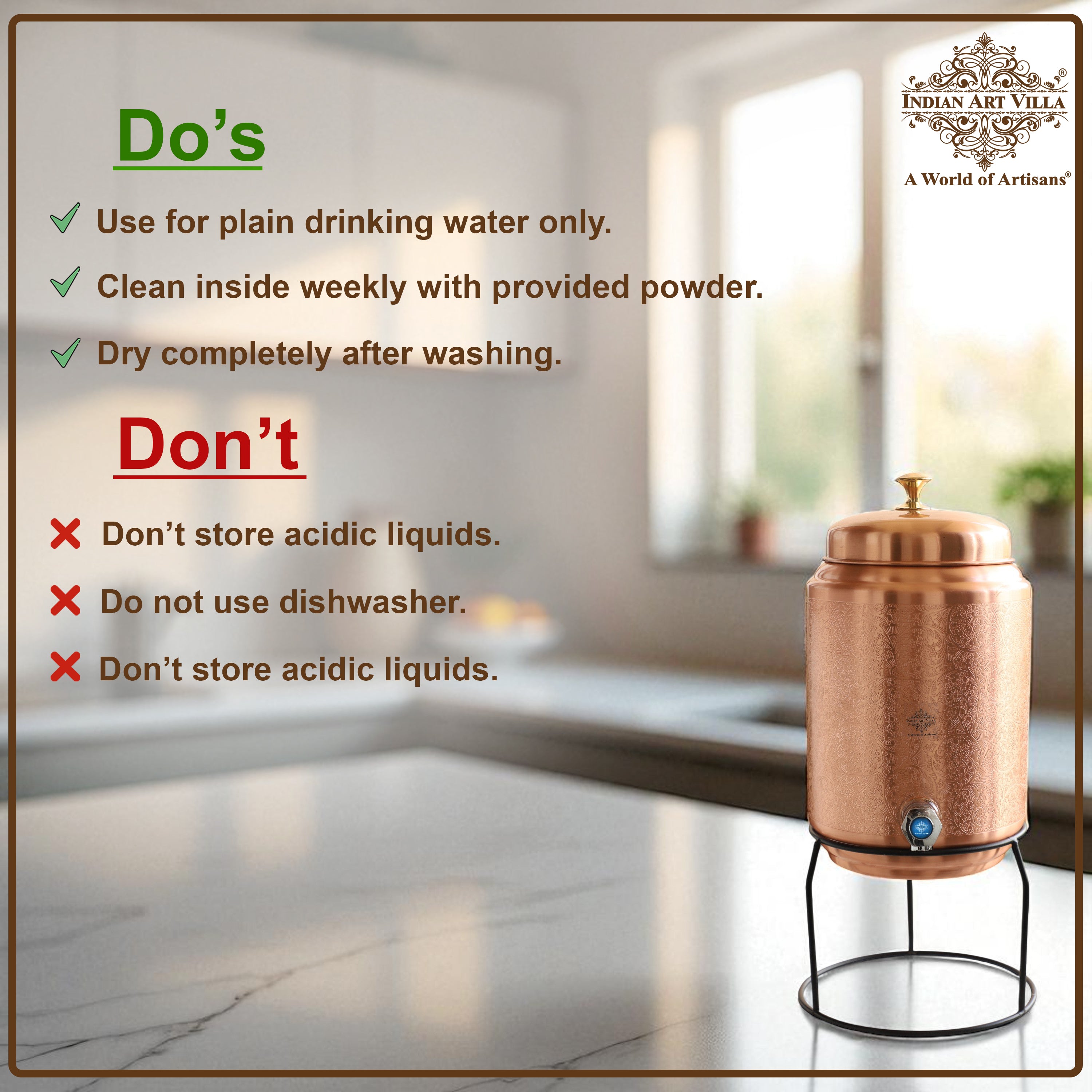 Pure Copper Water Pot with Tap & Stand 5 Liters