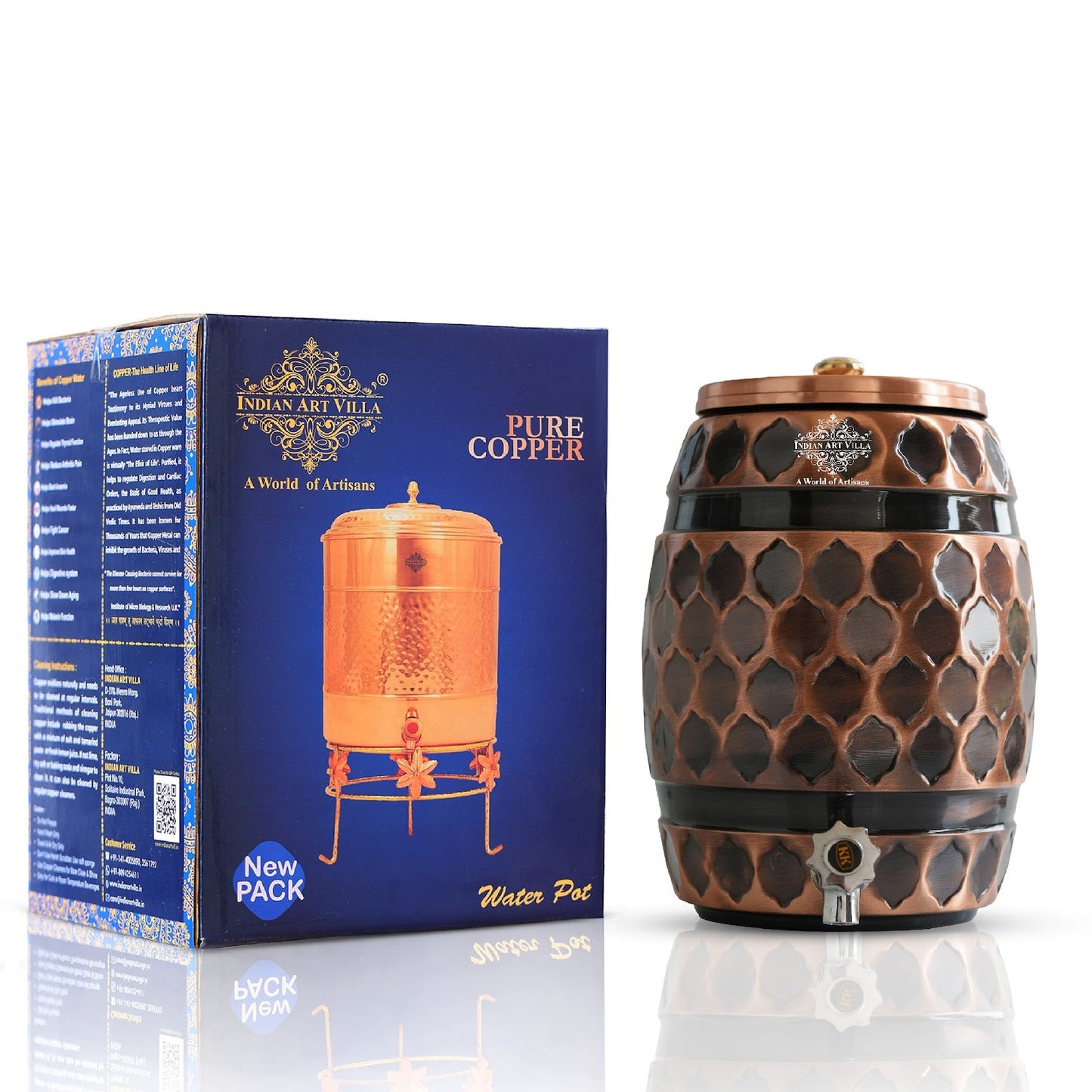 Copper Water Dispenser 5 Litre, Copper Matka Pot, Antique Diamond Design, Ayurvedic Water Storage Container