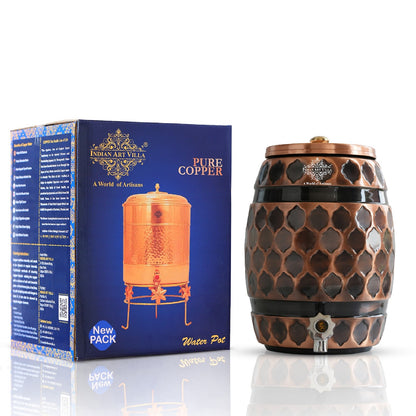 Copper Water Dispenser 5 Litre, Copper Matka Pot, Antique Diamond Design, Ayurvedic Water Storage Container