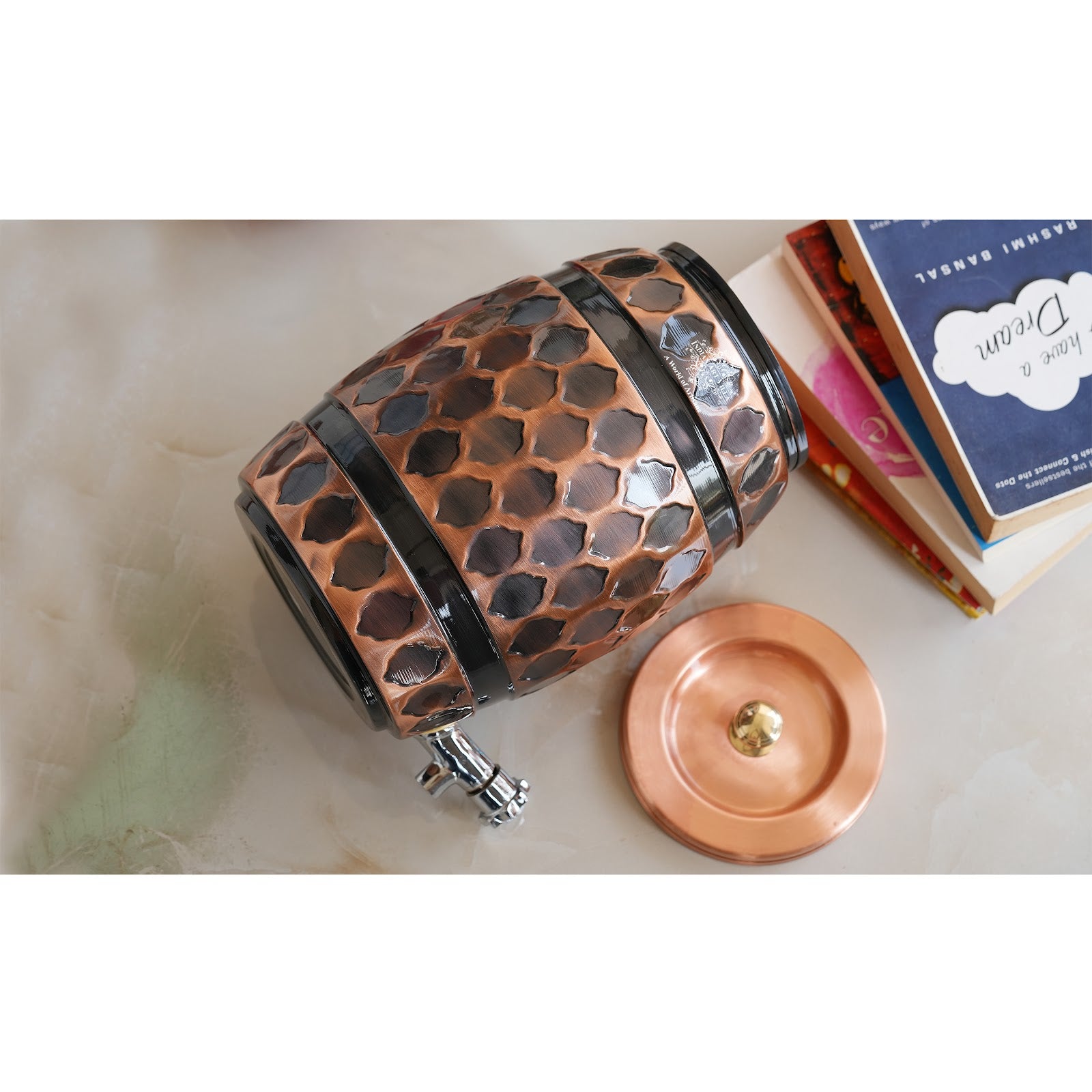 Copper Water Dispenser 5 Litre, Copper Matka Pot, Antique Diamond Design, Ayurvedic Water Storage Container