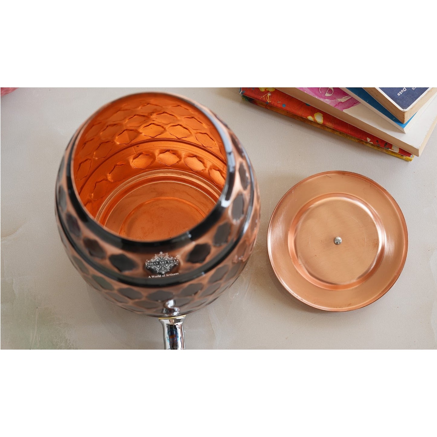 Copper Water Dispenser 5 Litre, Copper Matka Pot, Antique Diamond Design, Ayurvedic Water Storage Container