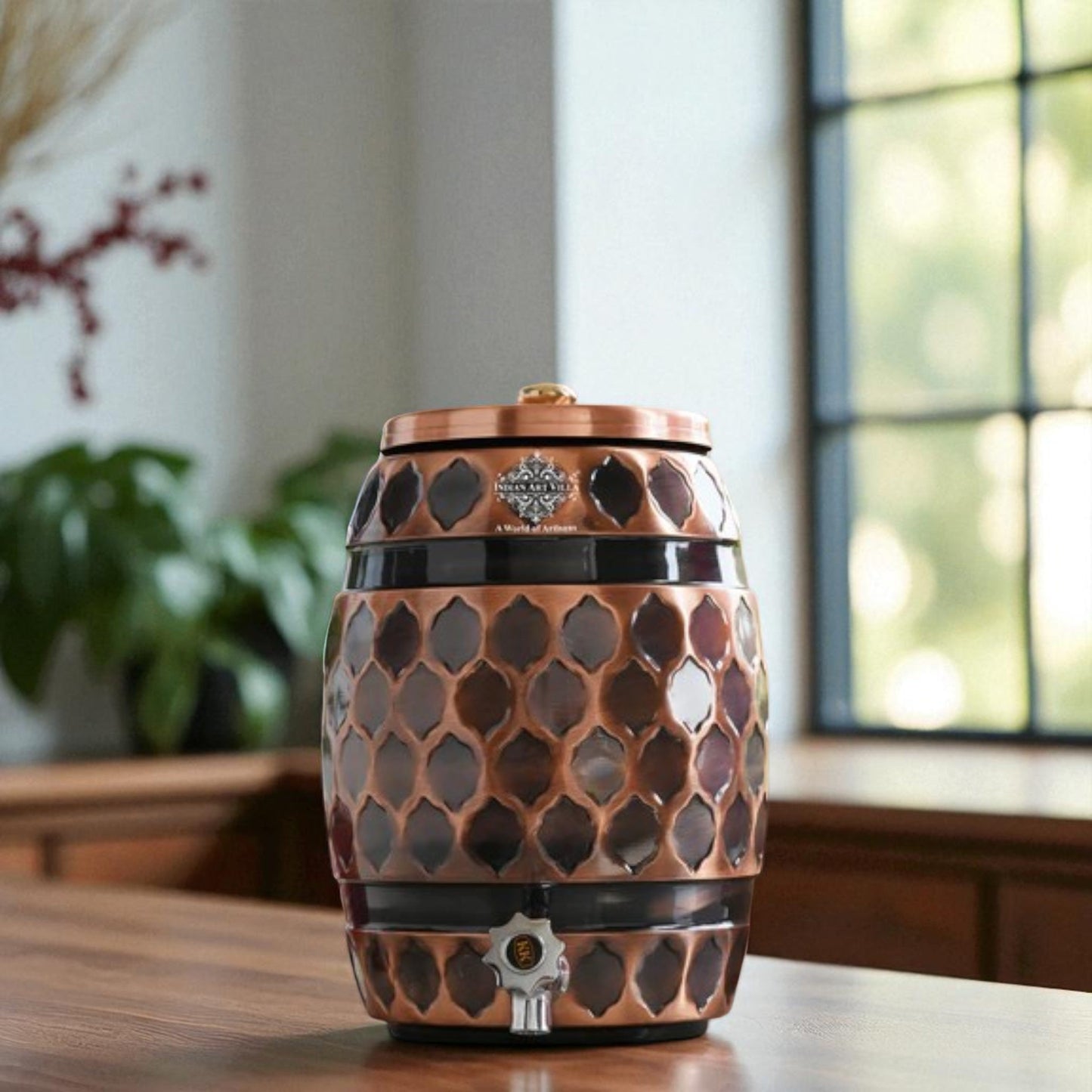 Copper Water Dispenser 5 Litre, Copper Matka Pot, Antique Diamond Design, Ayurvedic Water Storage Container