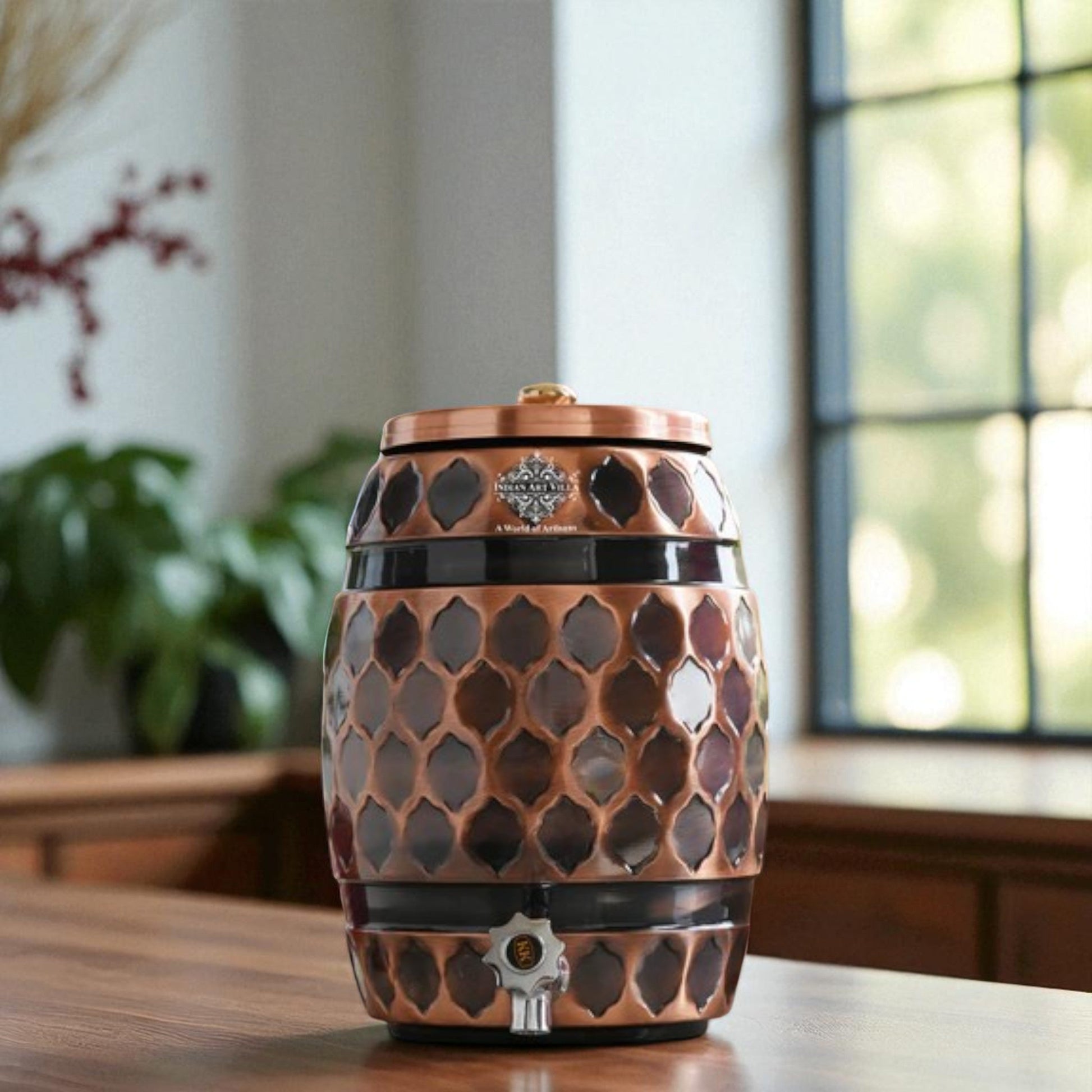 Copper Water Dispenser 5 Litre, Copper Matka Pot, Antique Diamond Design, Ayurvedic Water Storage Container