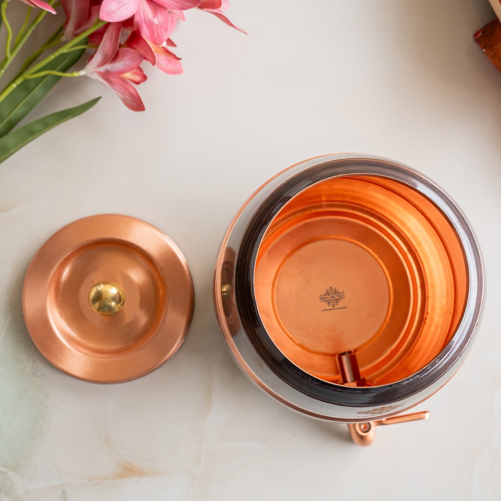 Pure Copper Embossed Design  Water Pot With Stand & Glass