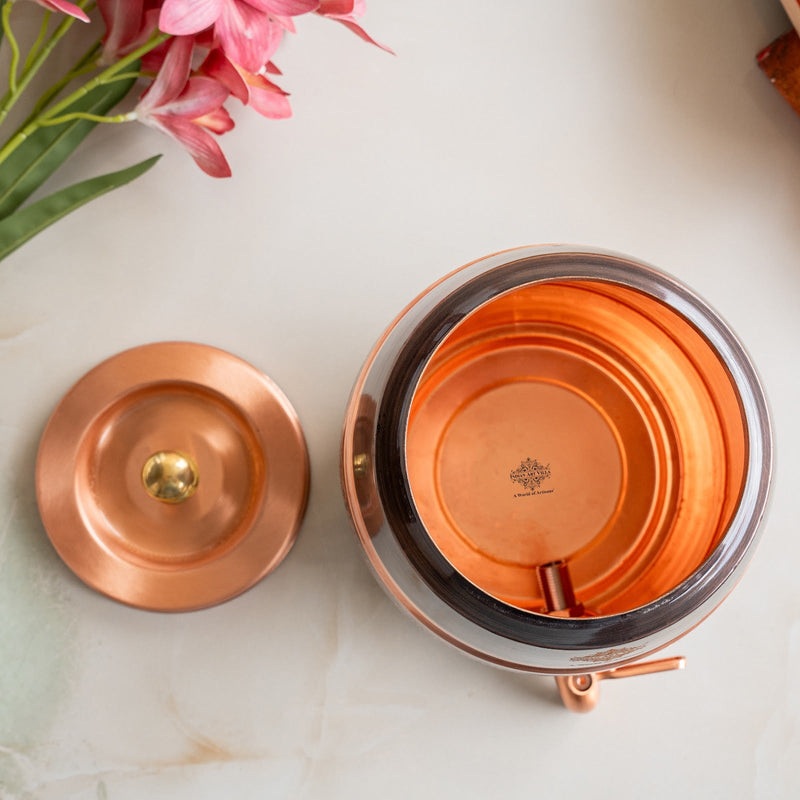 Pure Copper Embossed Design  Water Pot With Stand & Glass