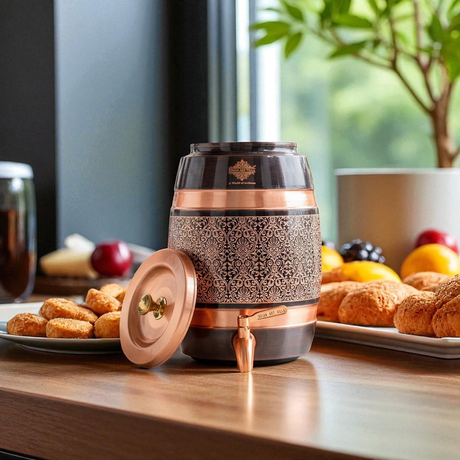 Pure Copper Embossed Design  Water Pot With Stand & Glass