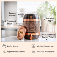 Pure Copper Embossed Design  Water Pot With Stand & Glass