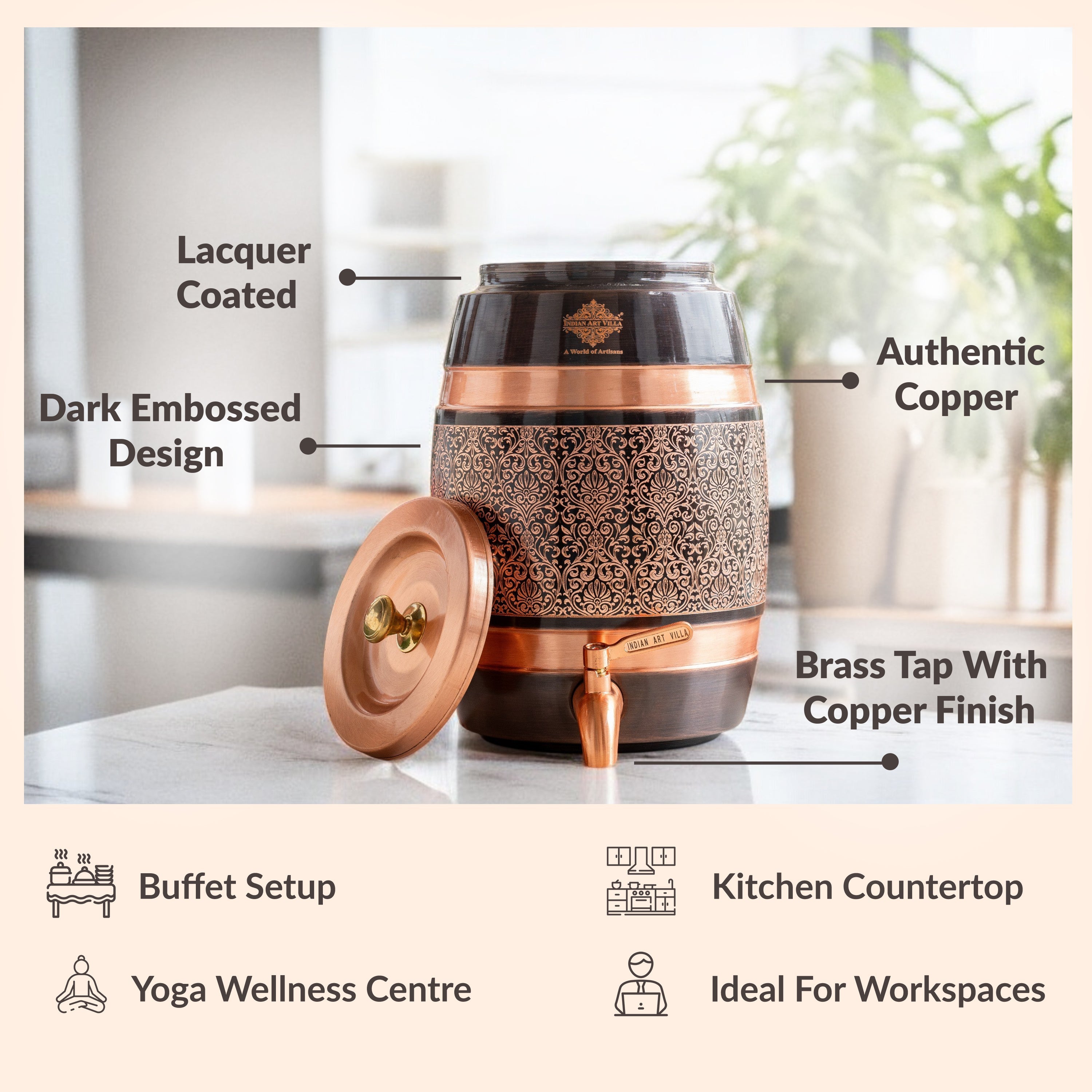 Pure Copper Embossed Design  Water Pot With Stand & Glass