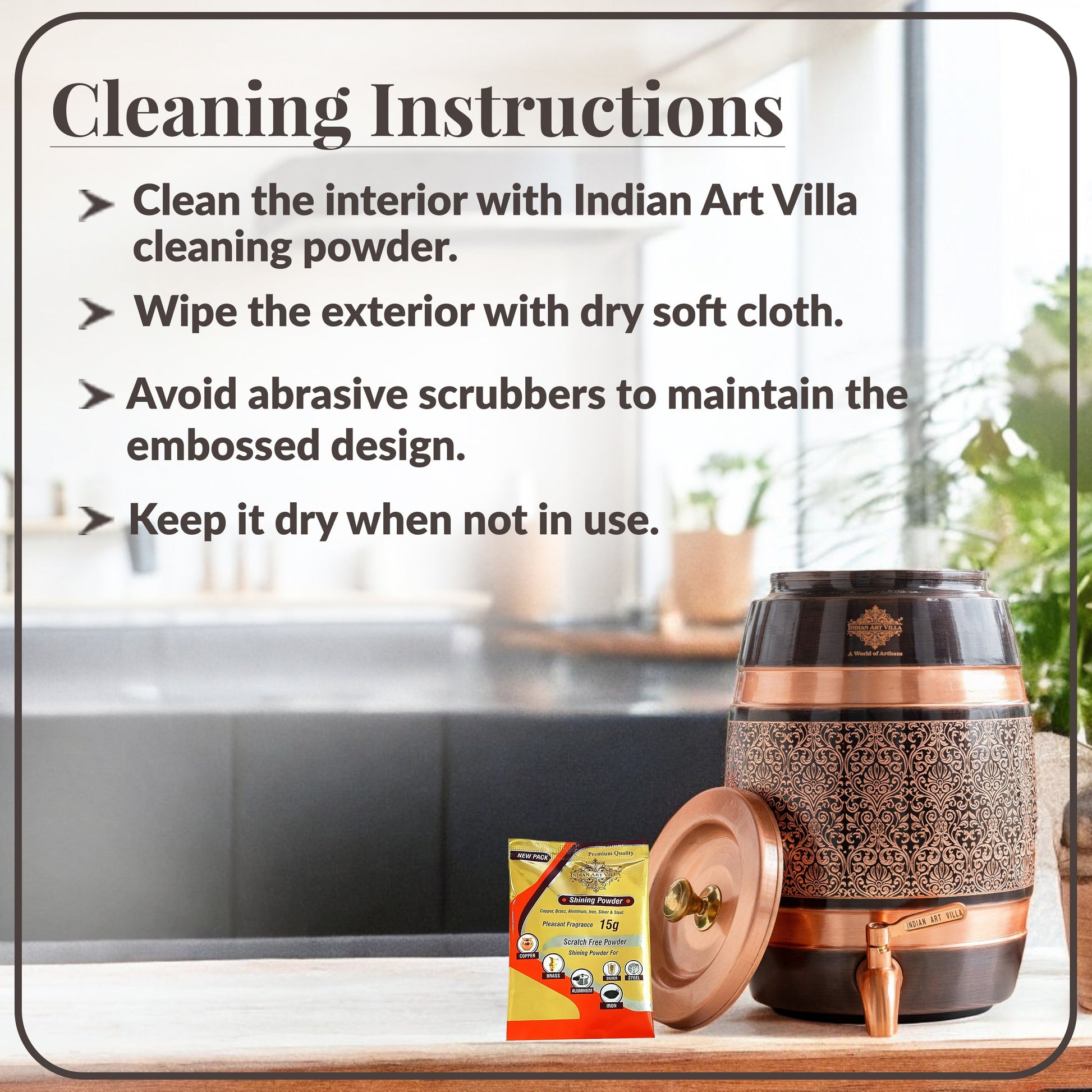 Pure Copper Embossed Design  Water Pot With Stand & Glass