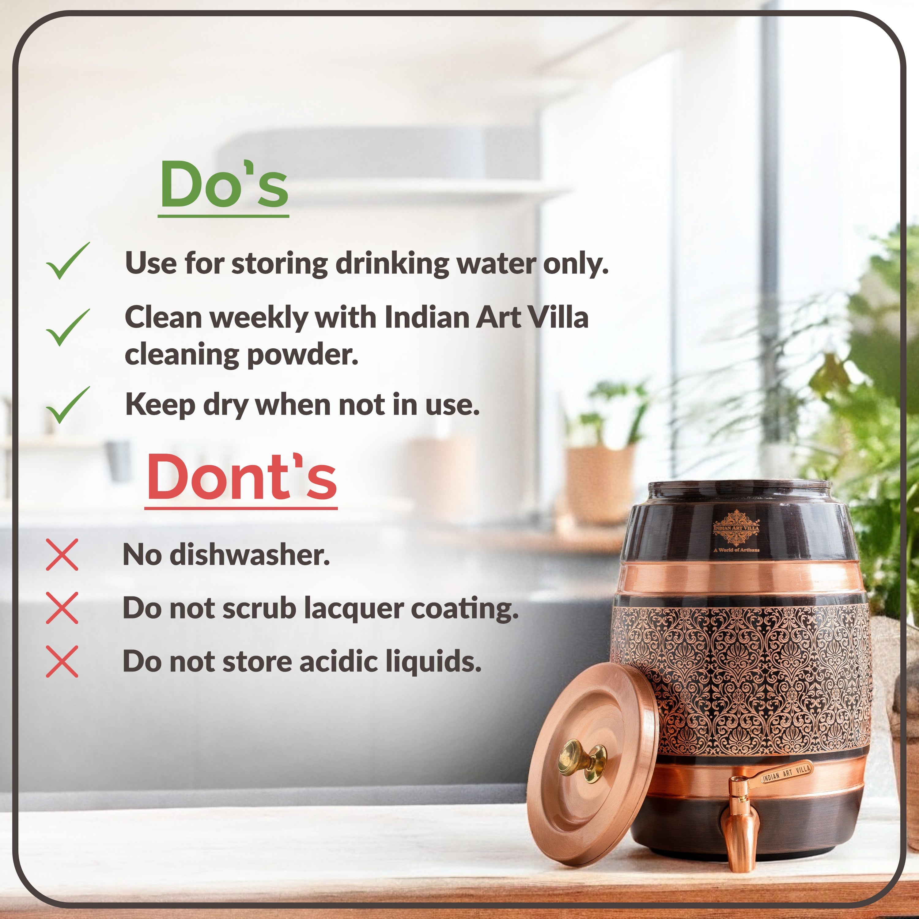 Pure Copper Embossed Design  Water Pot With Stand & Glass