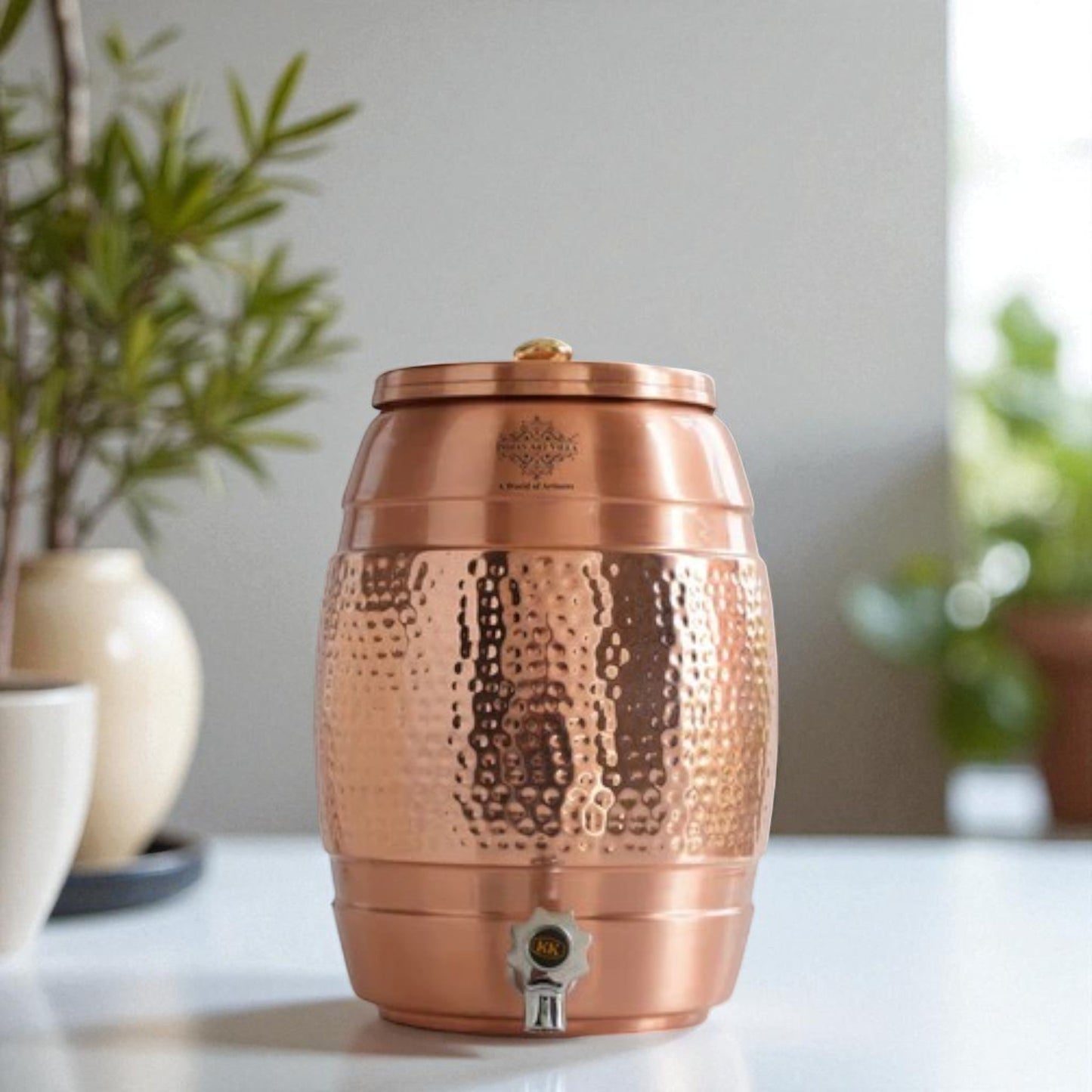 Pure Copper Water Dispenser 5 Litre, Copper Matka Pot with Half Lacquer and Half Hammered, Ayurvedic Water Storage Container