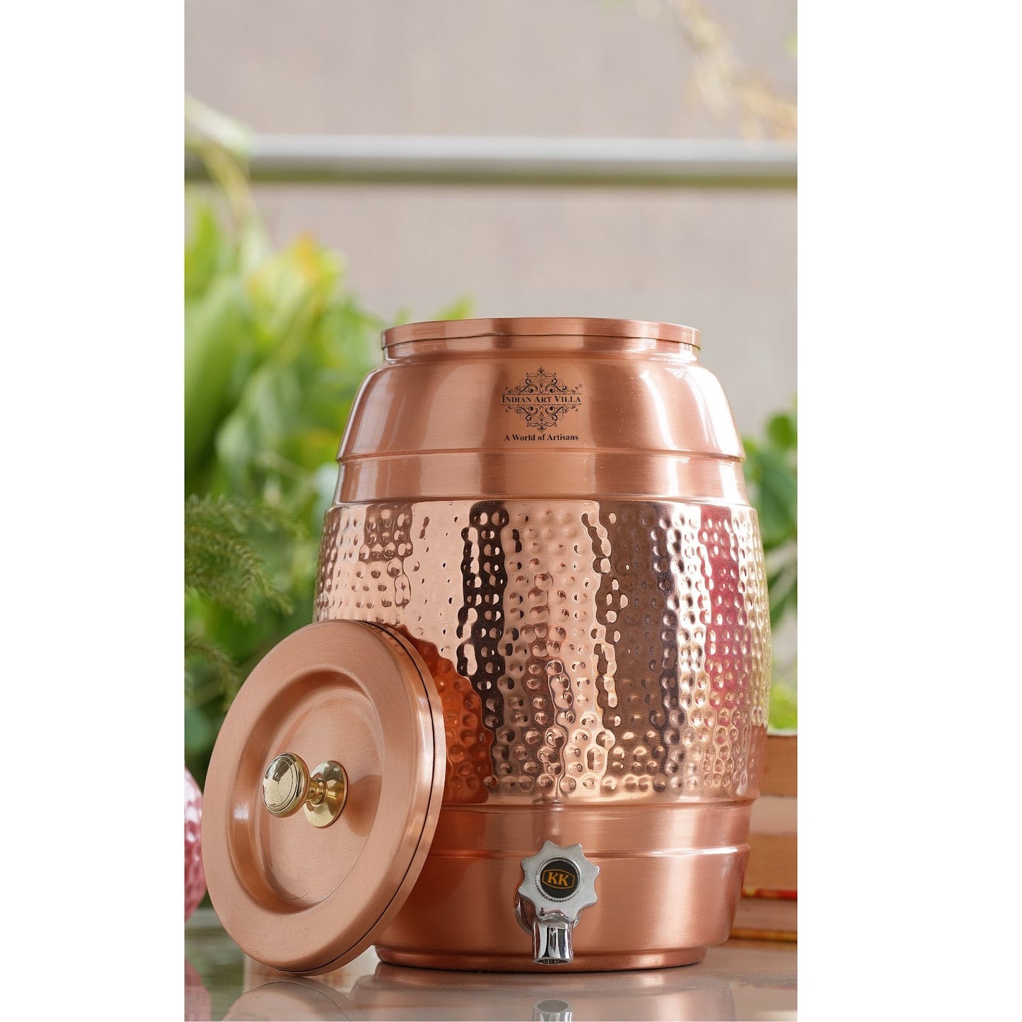 Pure Copper Water Dispenser 5 Litre, Copper Matka Pot with Half Lacquer and Half Hammered, Ayurvedic Water Storage Container