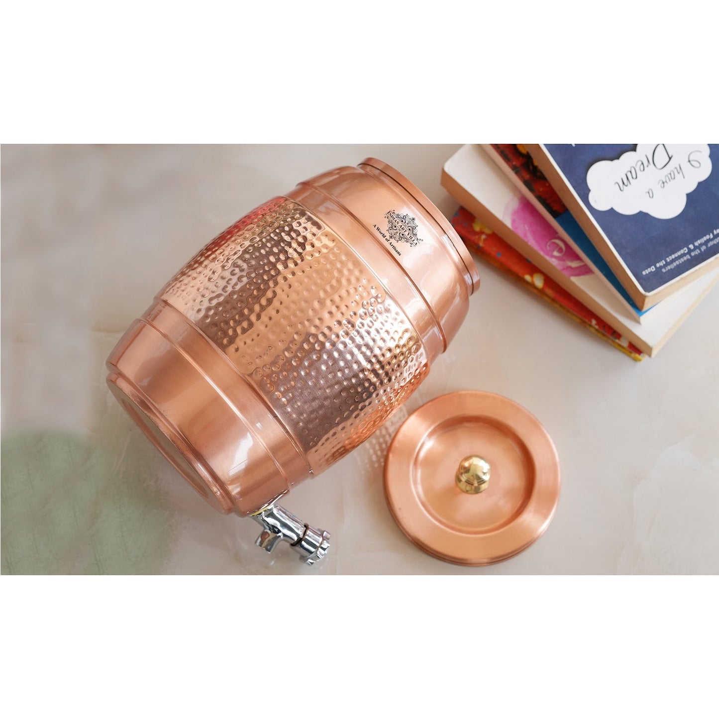 Pure Copper Water Dispenser 5 Litre, Copper Matka Pot with Half Lacquer and Half Hammered, Ayurvedic Water Storage Container