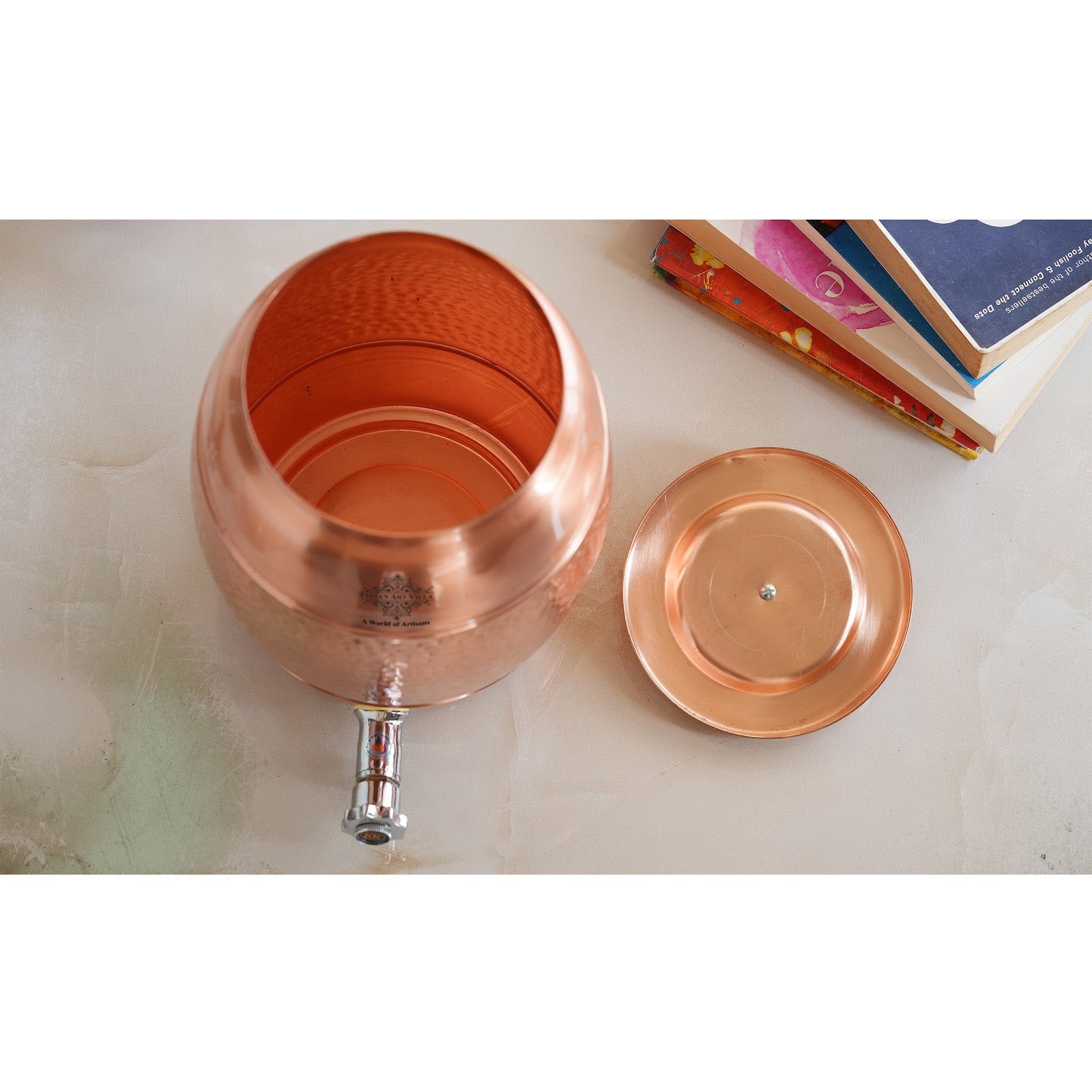 Pure Copper Water Dispenser 5 Litre, Copper Matka Pot with Half Lacquer and Half Hammered, Ayurvedic Water Storage Container