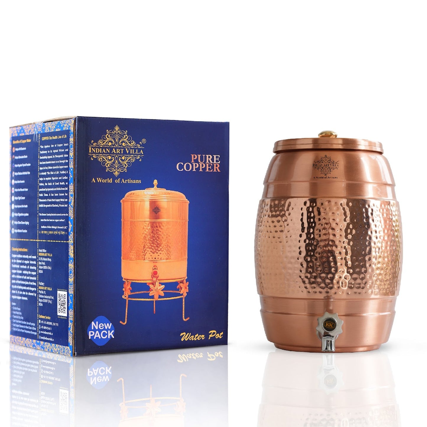 Pure Copper Water Dispenser 5 Litre, Copper Matka Pot with Half Lacquer and Half Hammered, Ayurvedic Water Storage Container