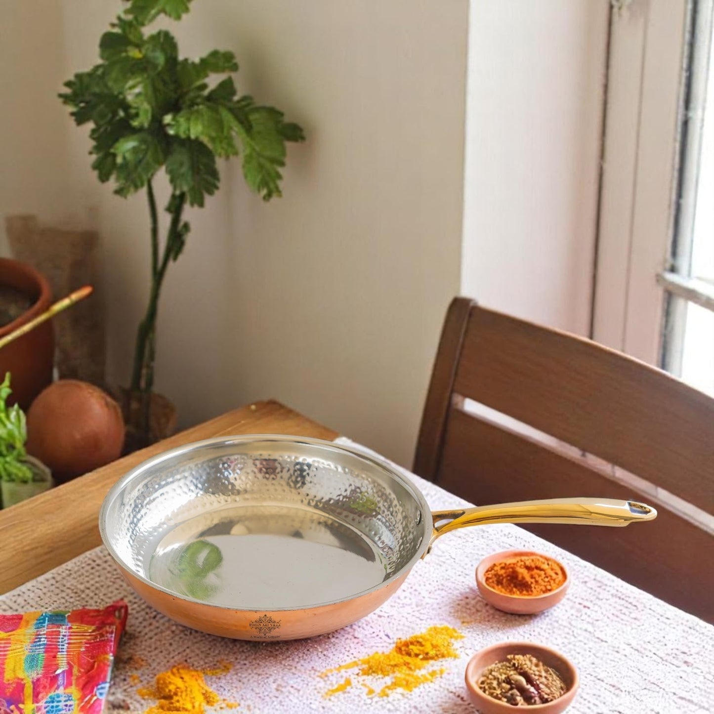 Steel Copper Hammered Design Fry Pan with Tin Linning