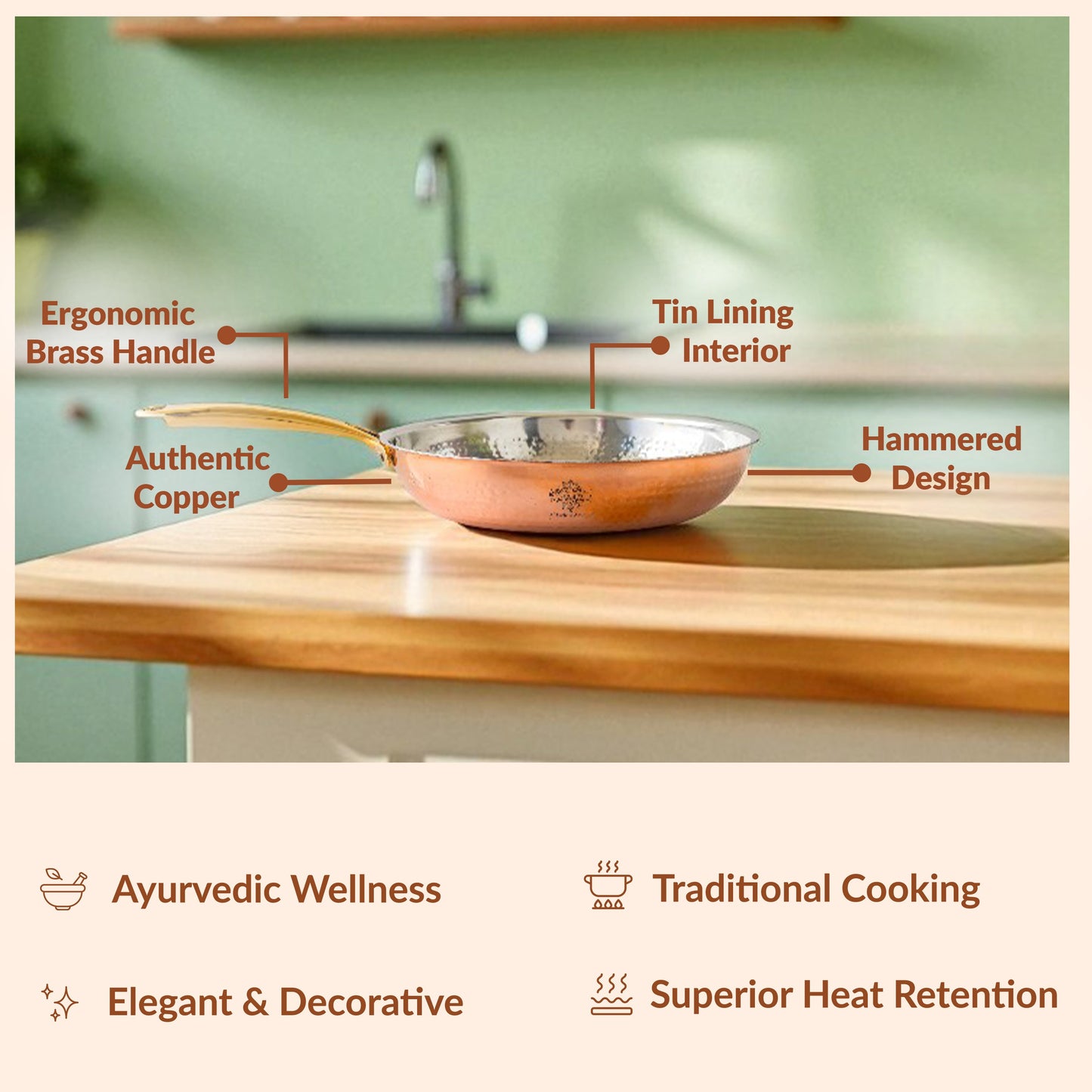 Steel Copper Hammered Design Fry Pan with Tin Linning