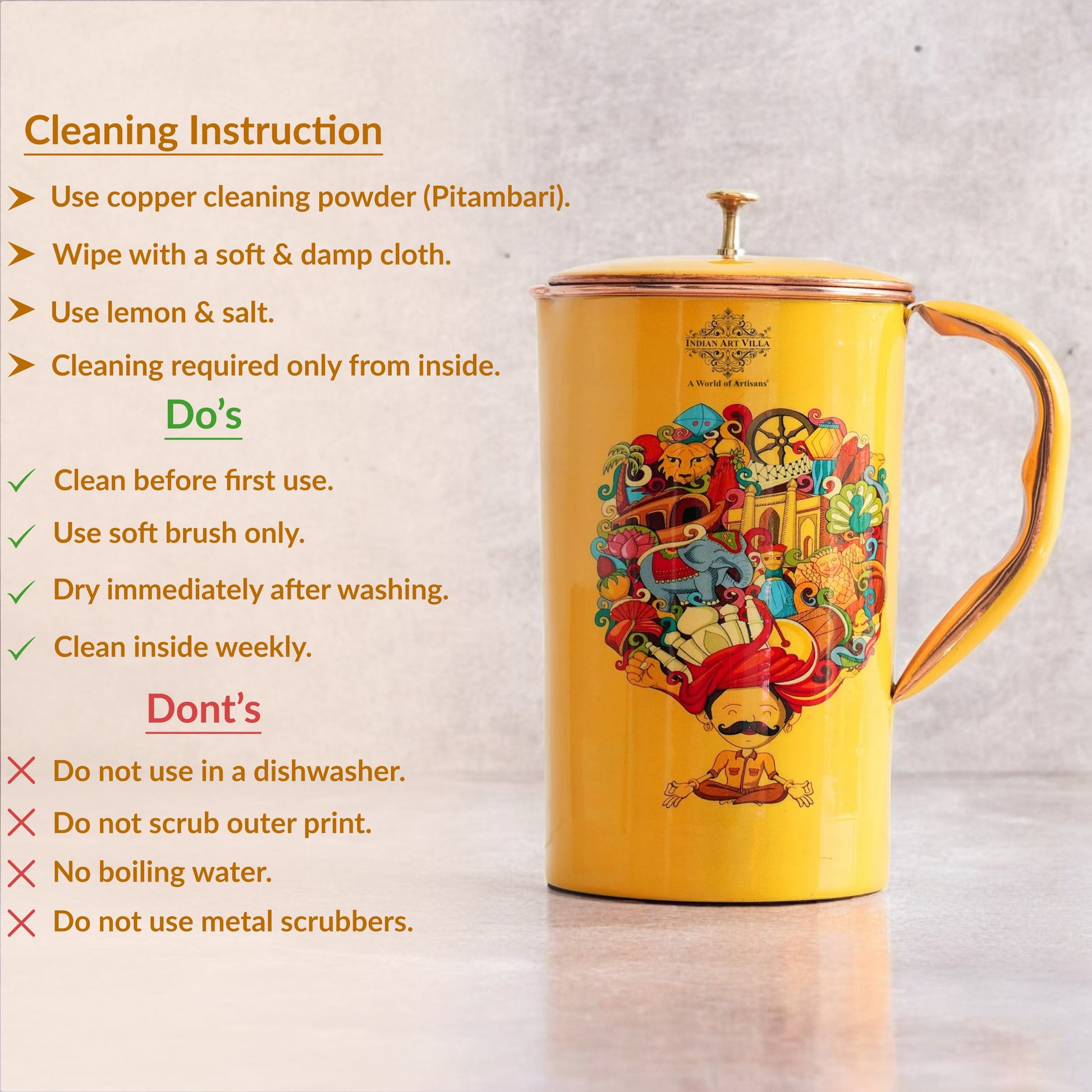 Pure Copper Printed Jug - Padharo Mhare Desh Design