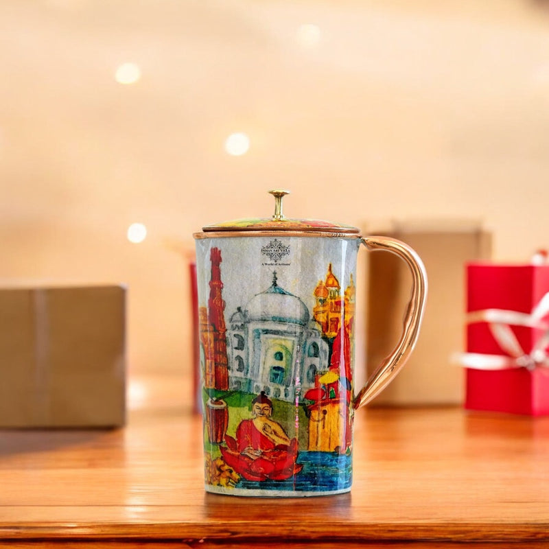 Pure Copper Printed Jug - Padharo Mhare Desh Design