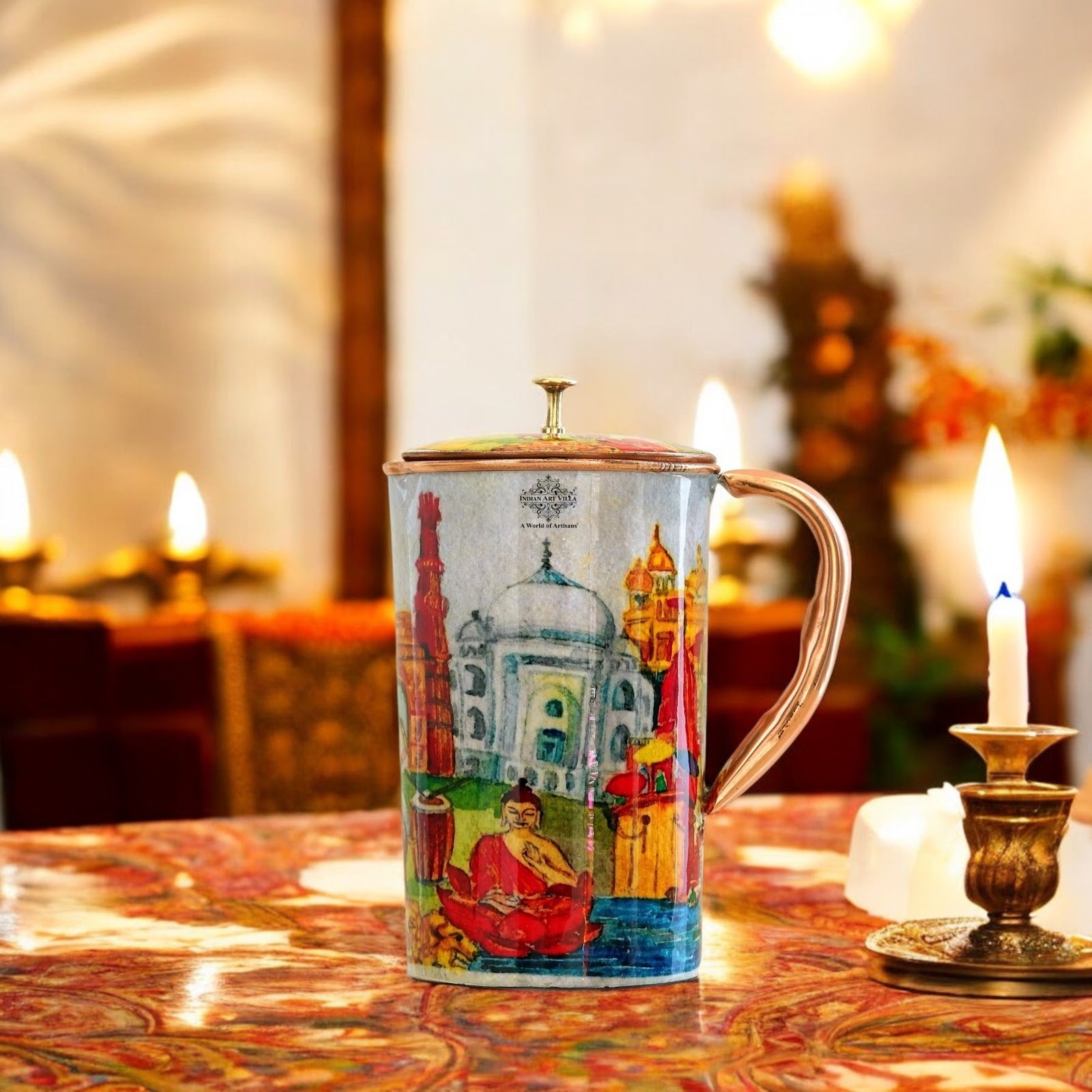 Pure Copper Printed Jug - Padharo Mhare Desh Design
