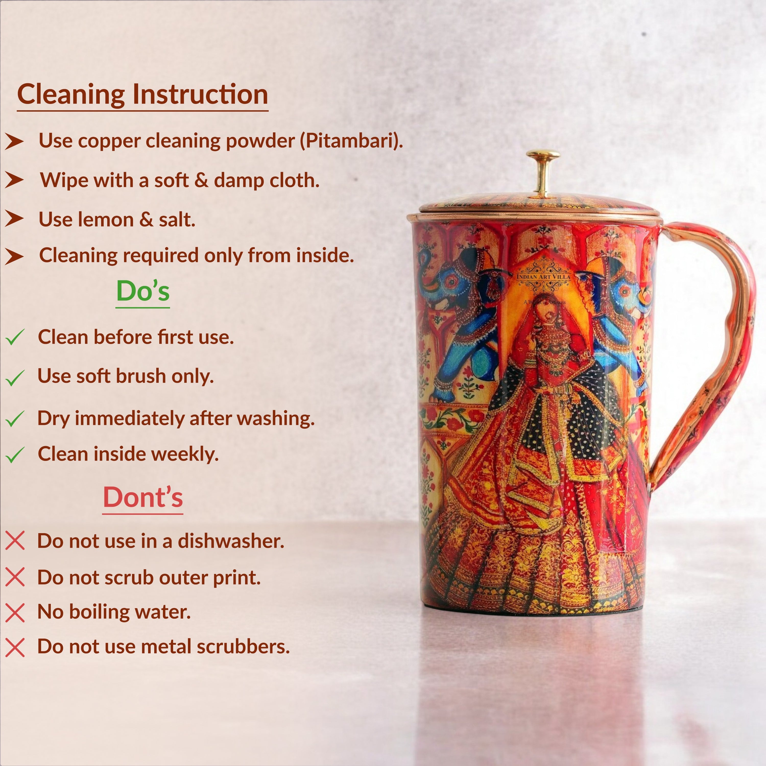 Pure Copper Printed Jug - Padharo Mhare Desh Design
