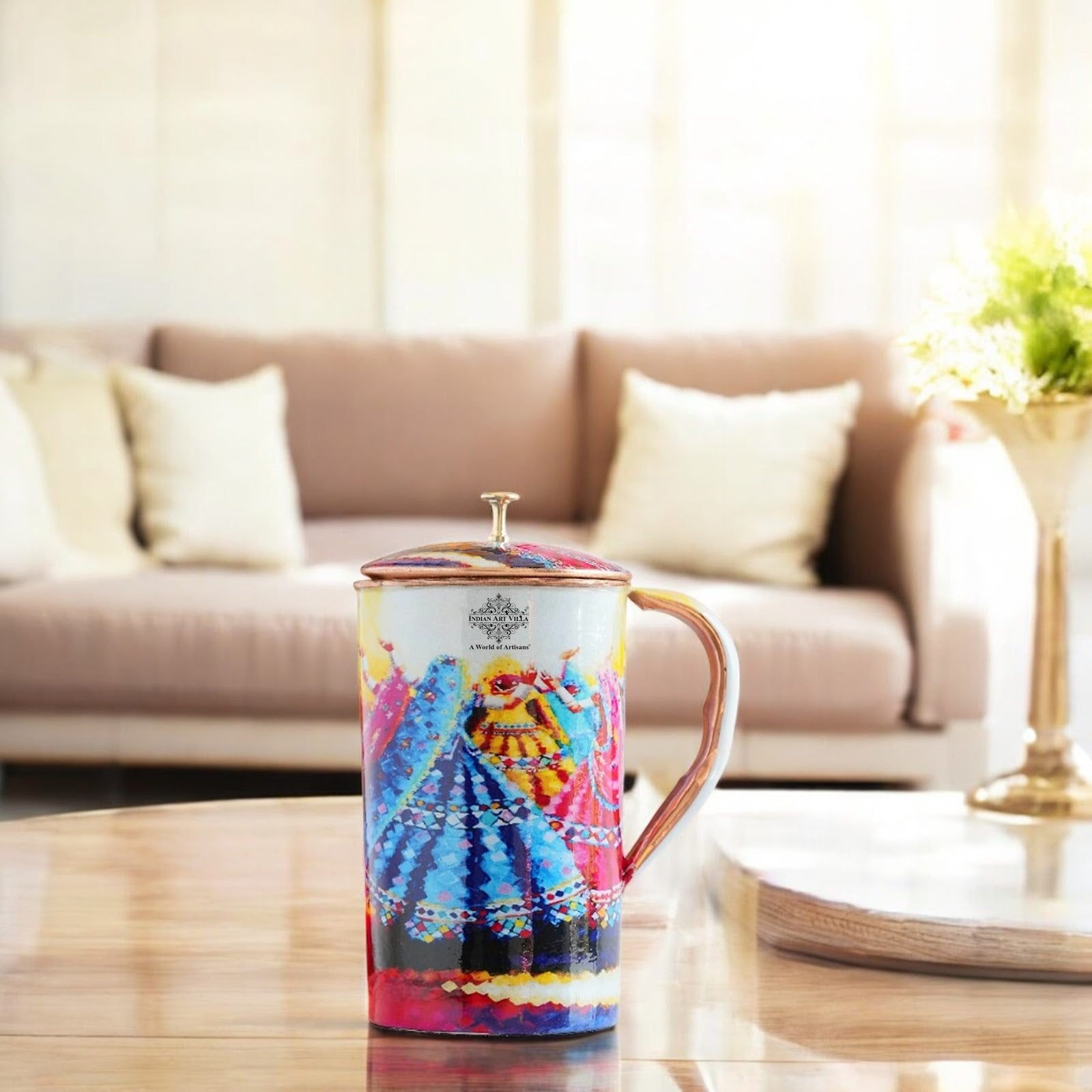 Pure Copper Printed Jug - Padharo Mhare Desh Design