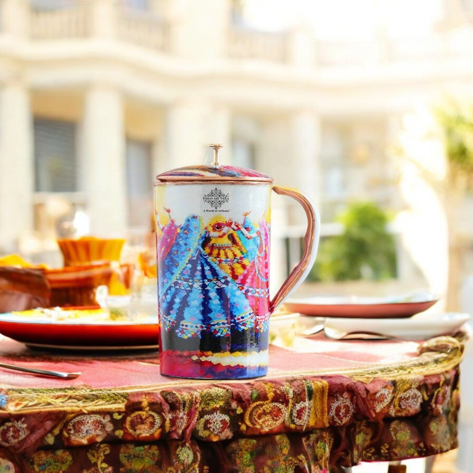 Pure Copper Printed Jug - Padharo Mhare Desh Design
