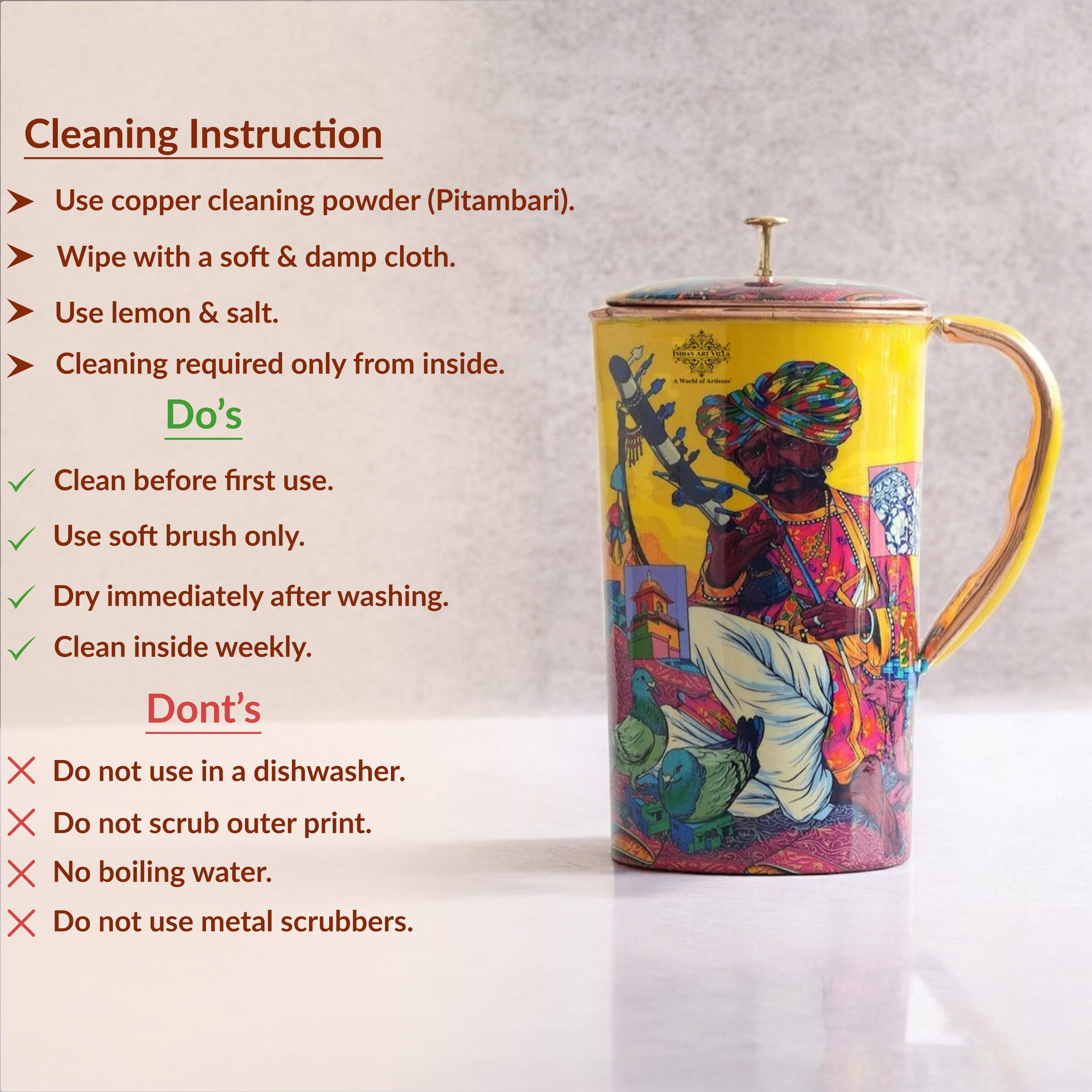 Pure Copper Printed Jug - Padharo Mhare Desh Design