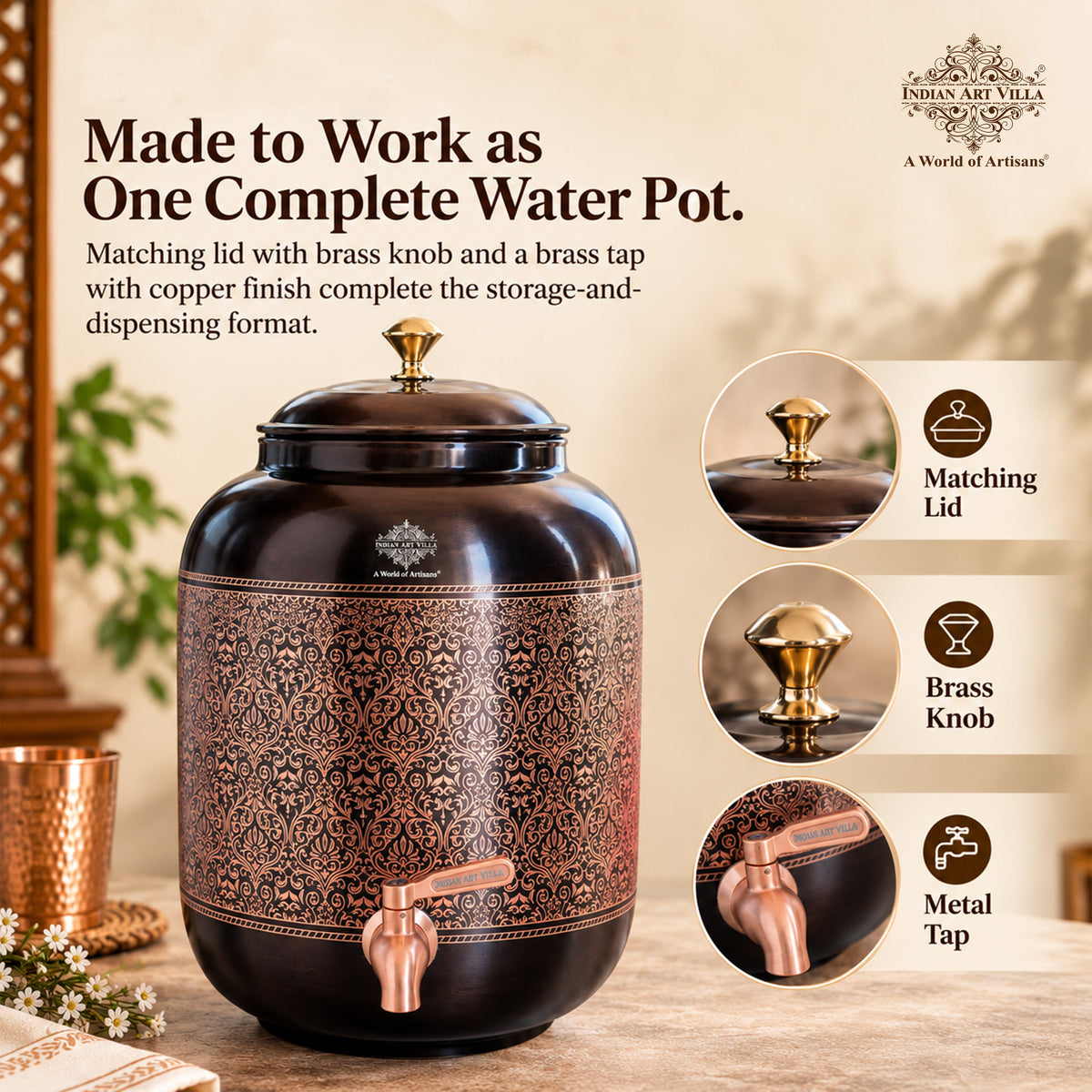 Copper Water Pot With Antique Embossed Finish