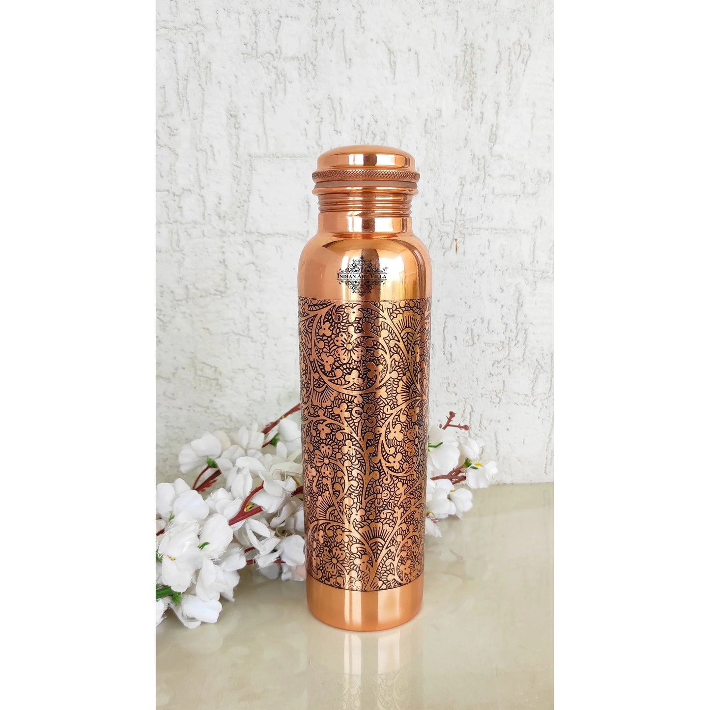 Pure Copper Water Bottle with Embossed Design