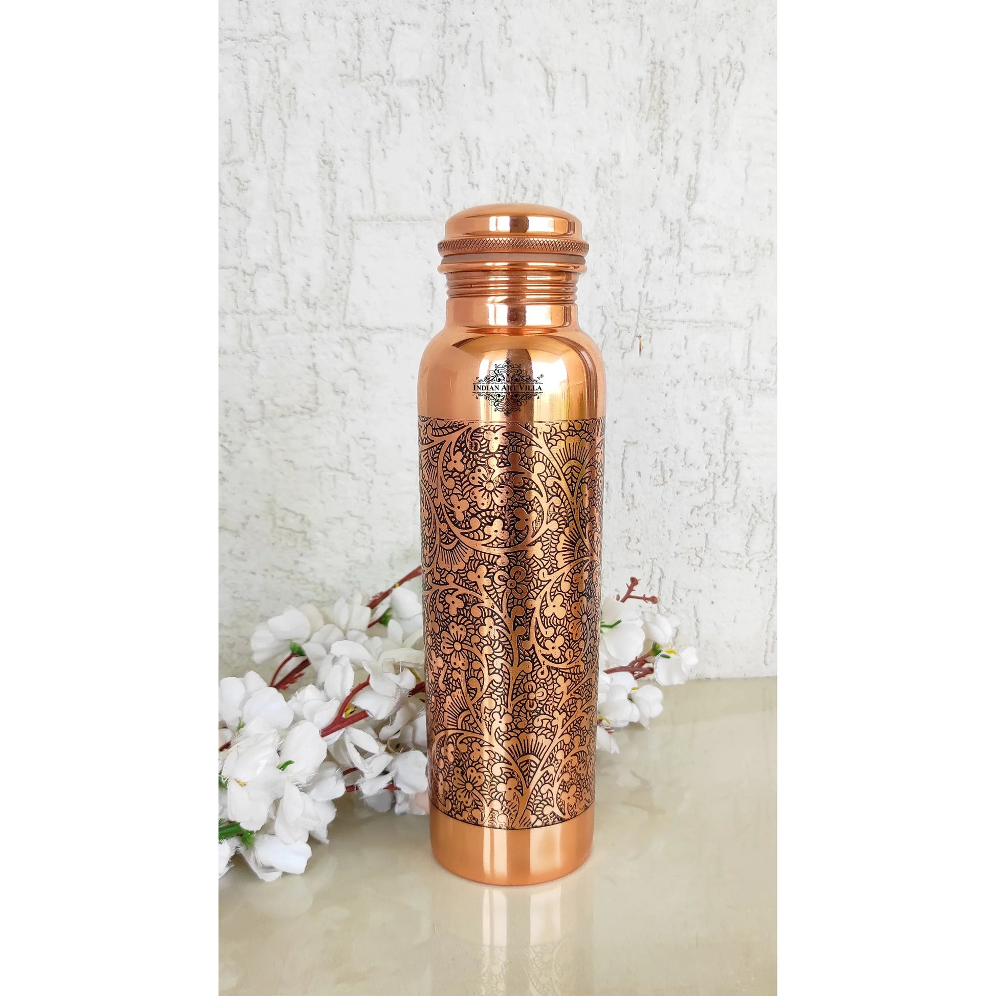 Pure Copper Water Bottle with Embossed Design