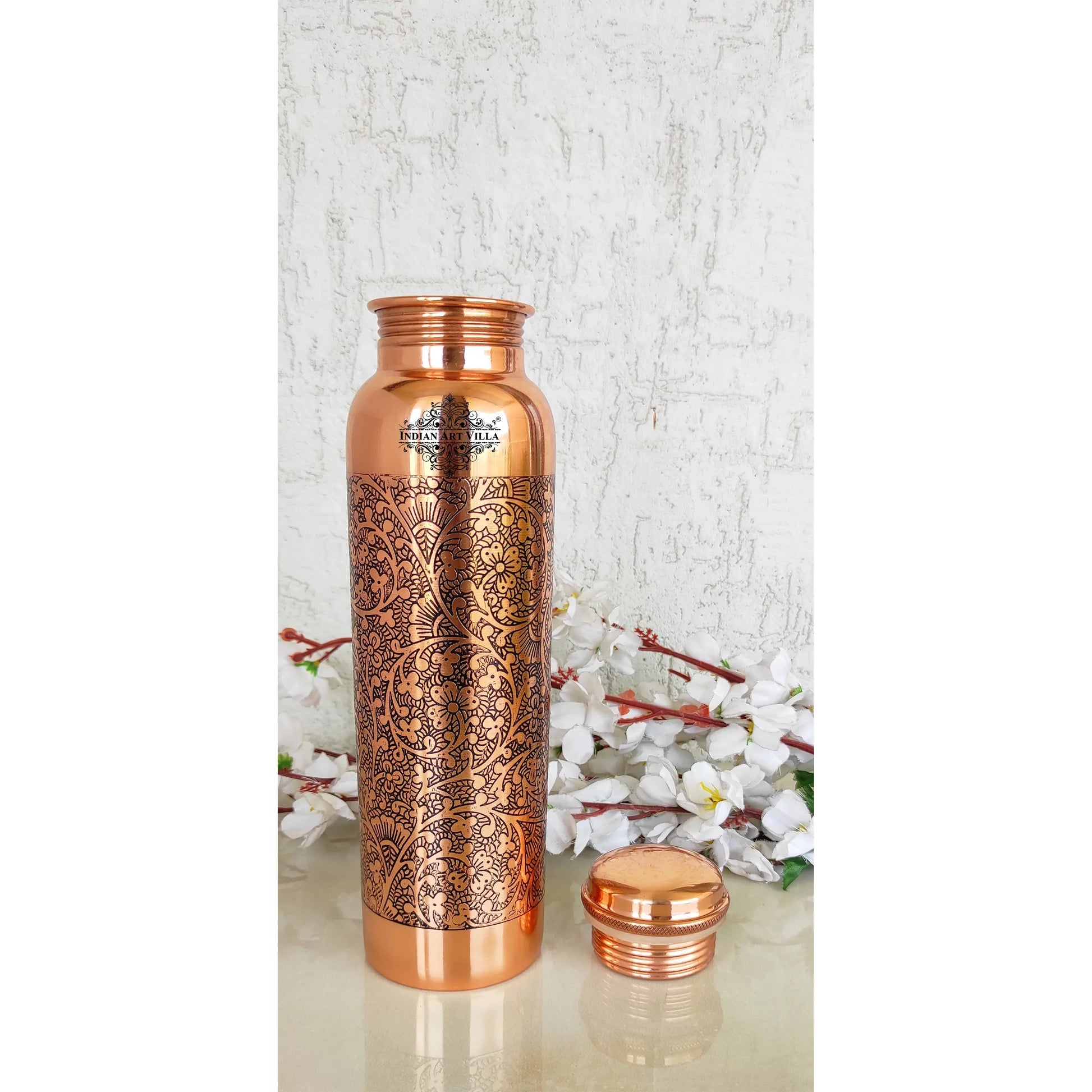 Pure Copper Water Bottle with Embossed Design