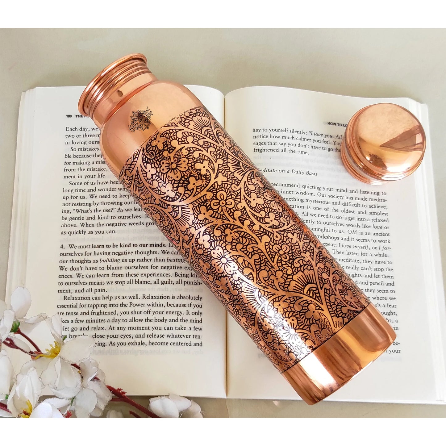 Pure Copper Water Bottle with Embossed Design