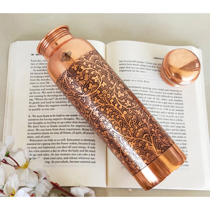 Pure Copper Water Bottle with Embossed Design