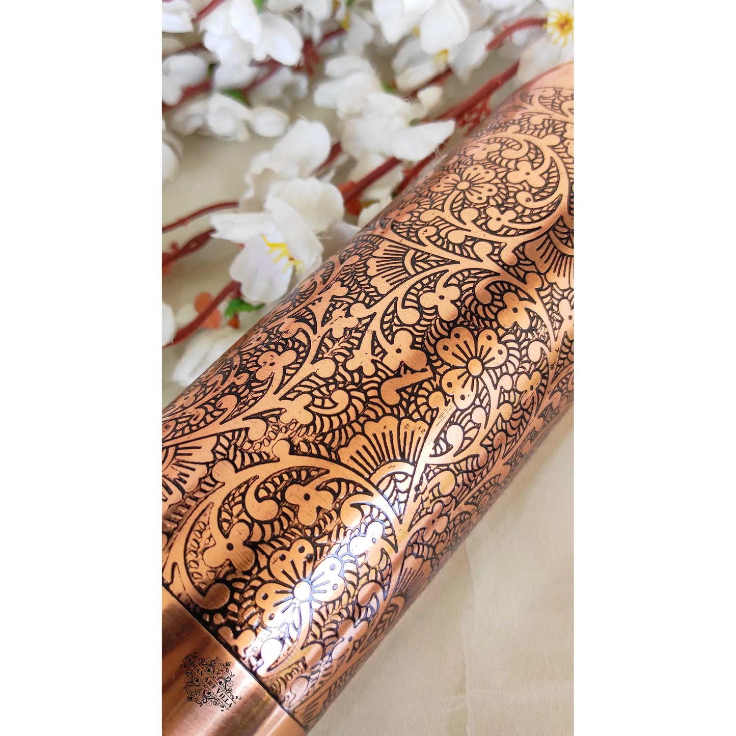 Pure Copper Water Bottle with Embossed Design