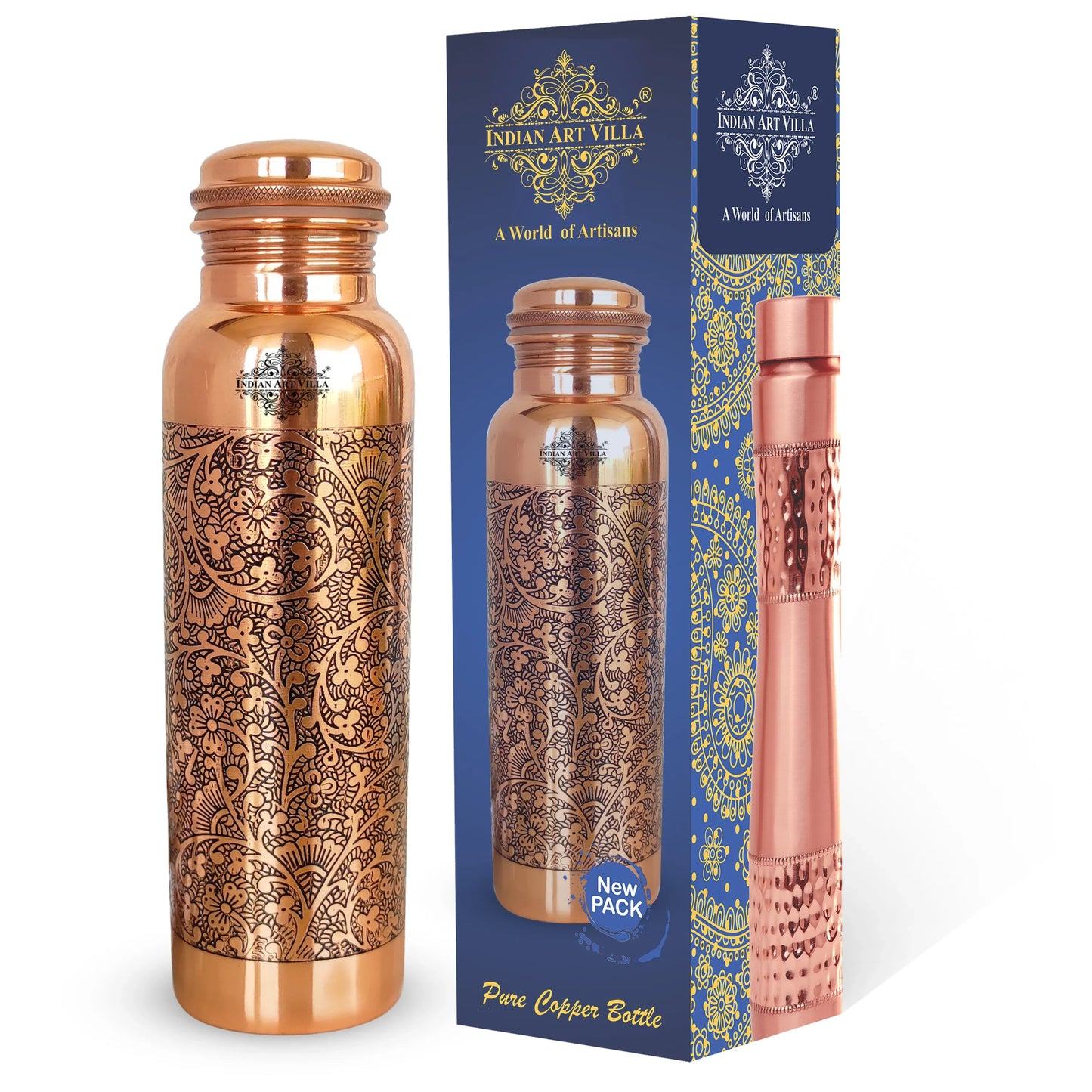Pure Copper Water Bottle with Embossed Design
