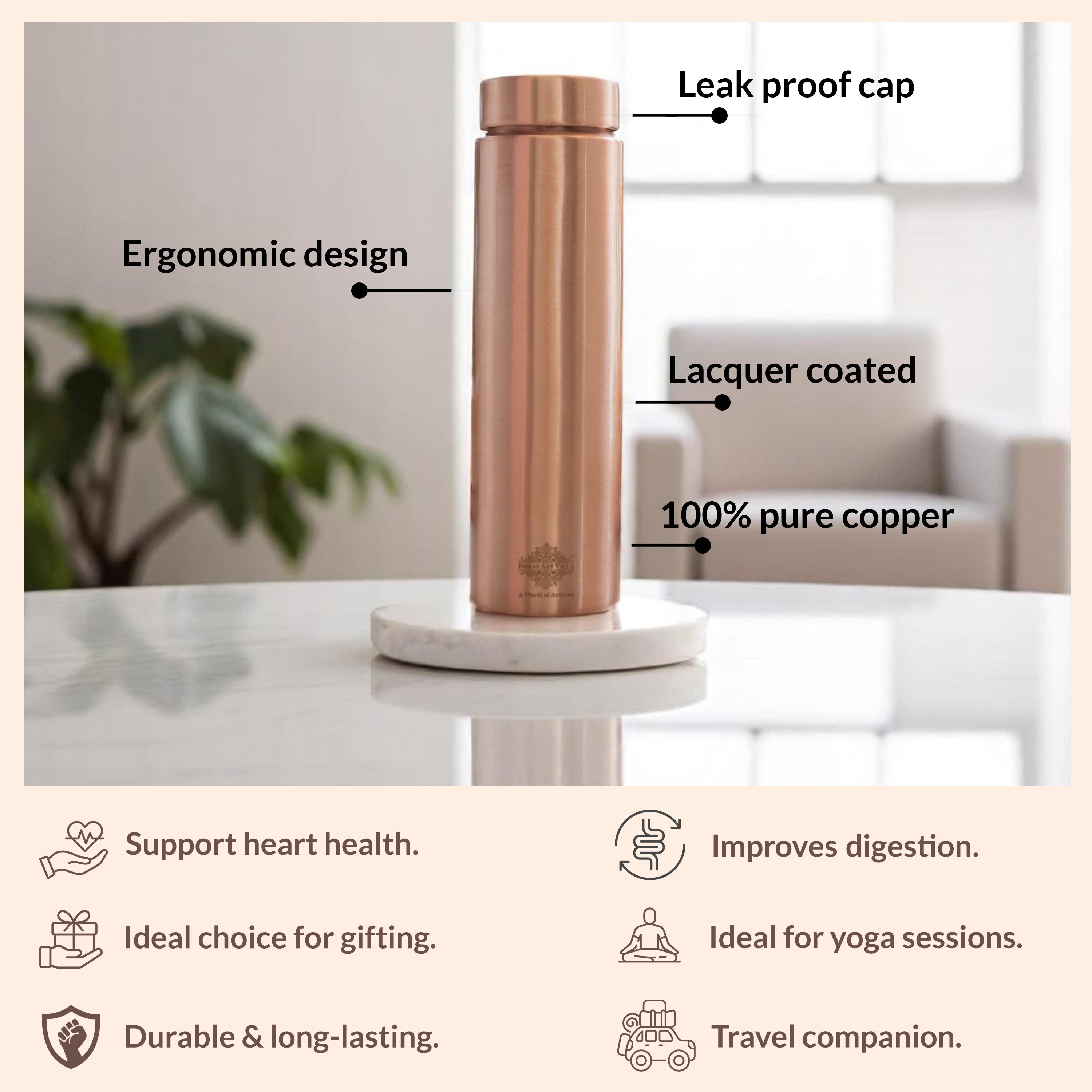 Pure Copper Bottle with Lacquer Coated Finish and Straight Shape