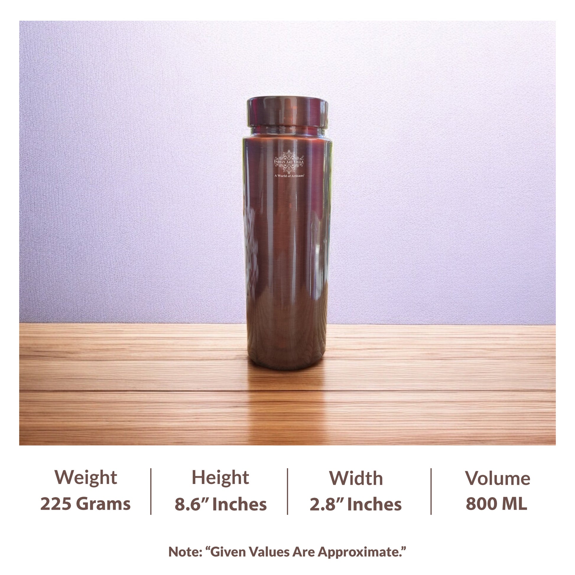 Pure Copper Bottle with Lacquer Coated Finish and Straight Shape