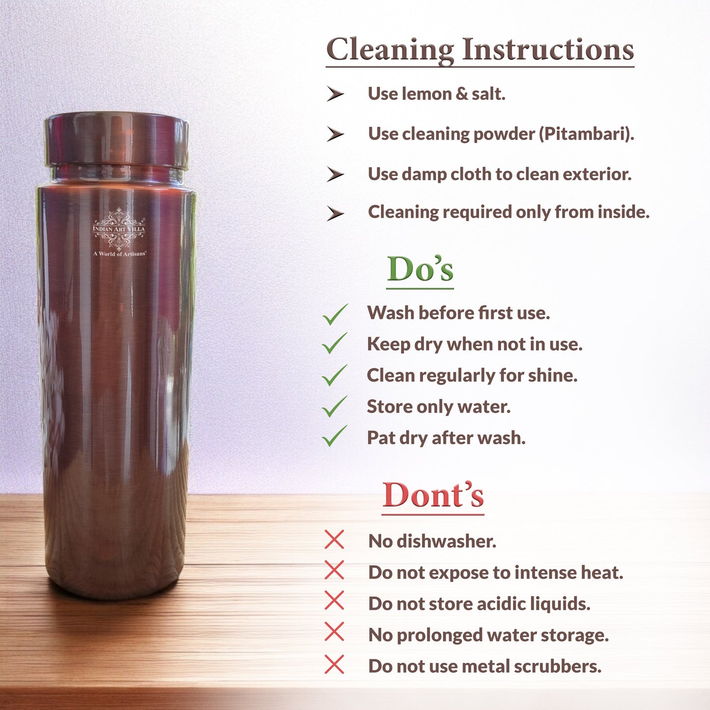 Pure Copper Bottle with Lacquer Coated Finish and Straight Shape