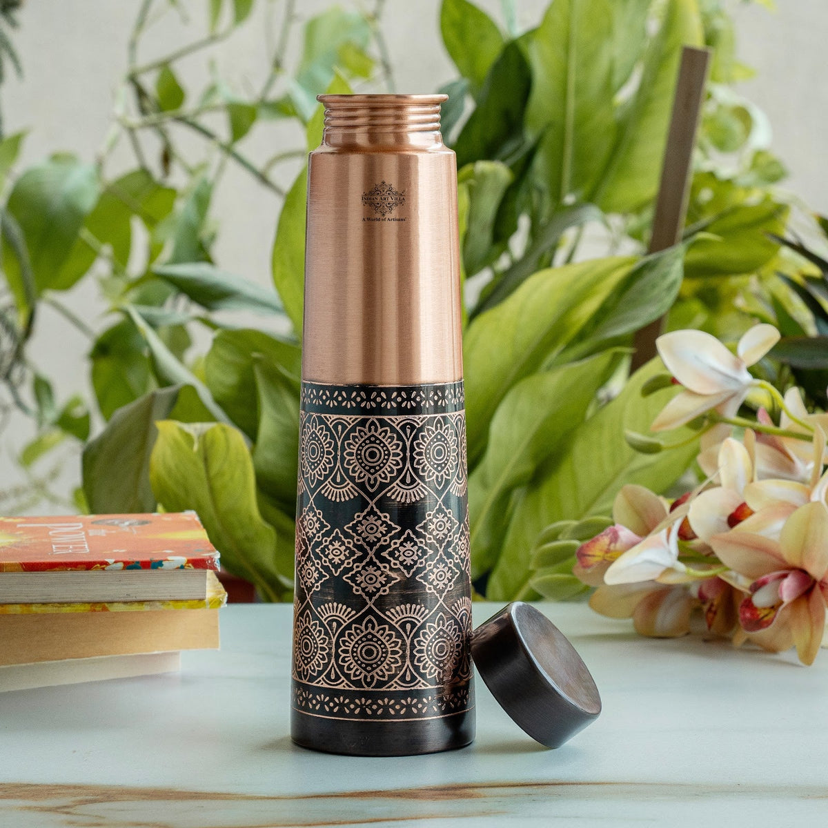 Pure Copper Antique Dark Embossed Deisgn Bottle - 800ML