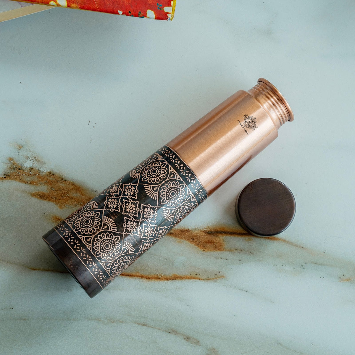 Pure Copper Antique Dark Embossed Deisgn Bottle - 800ML